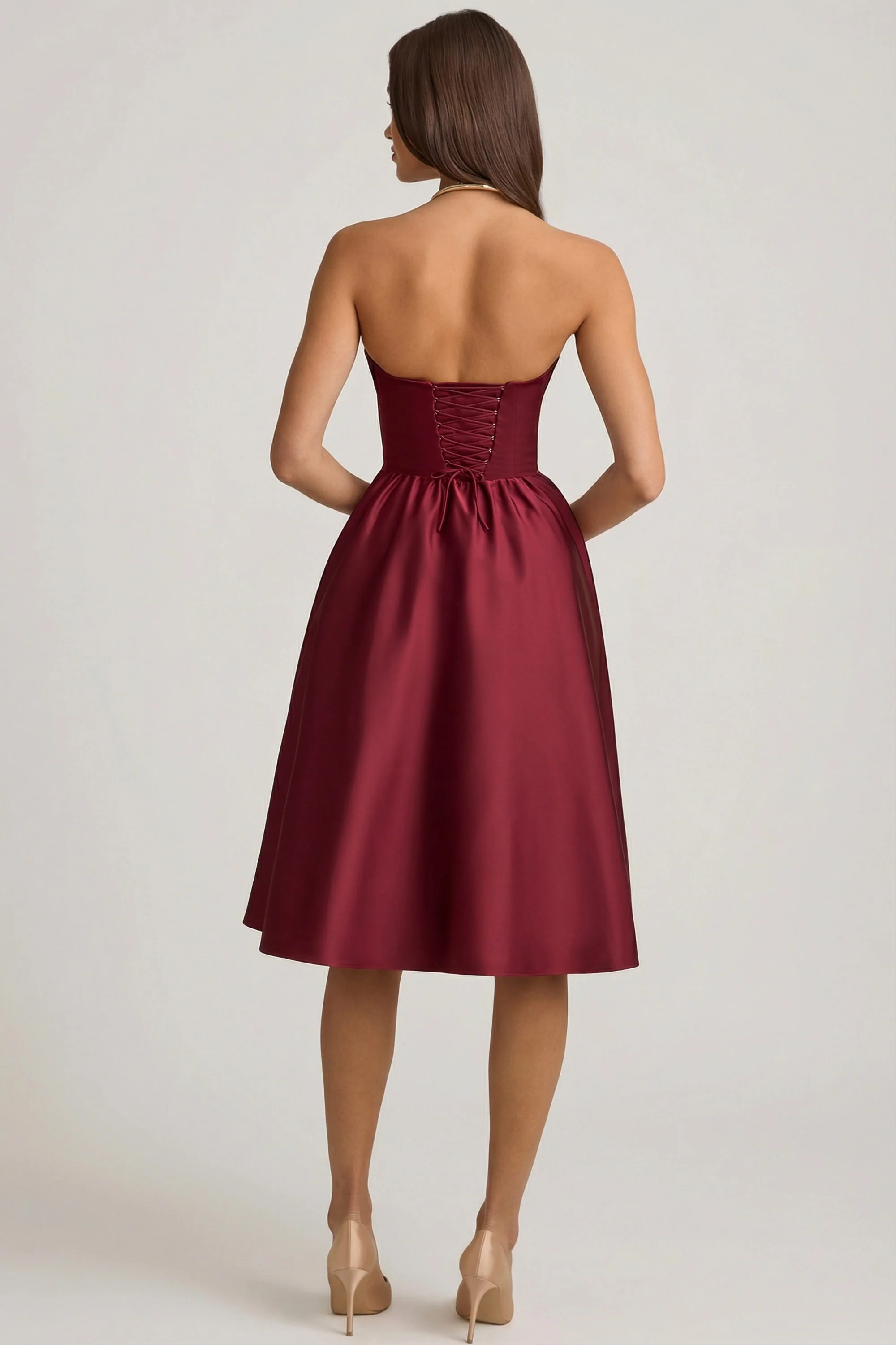 Strapless Corset Midi Dress in Wine Red - Image 2