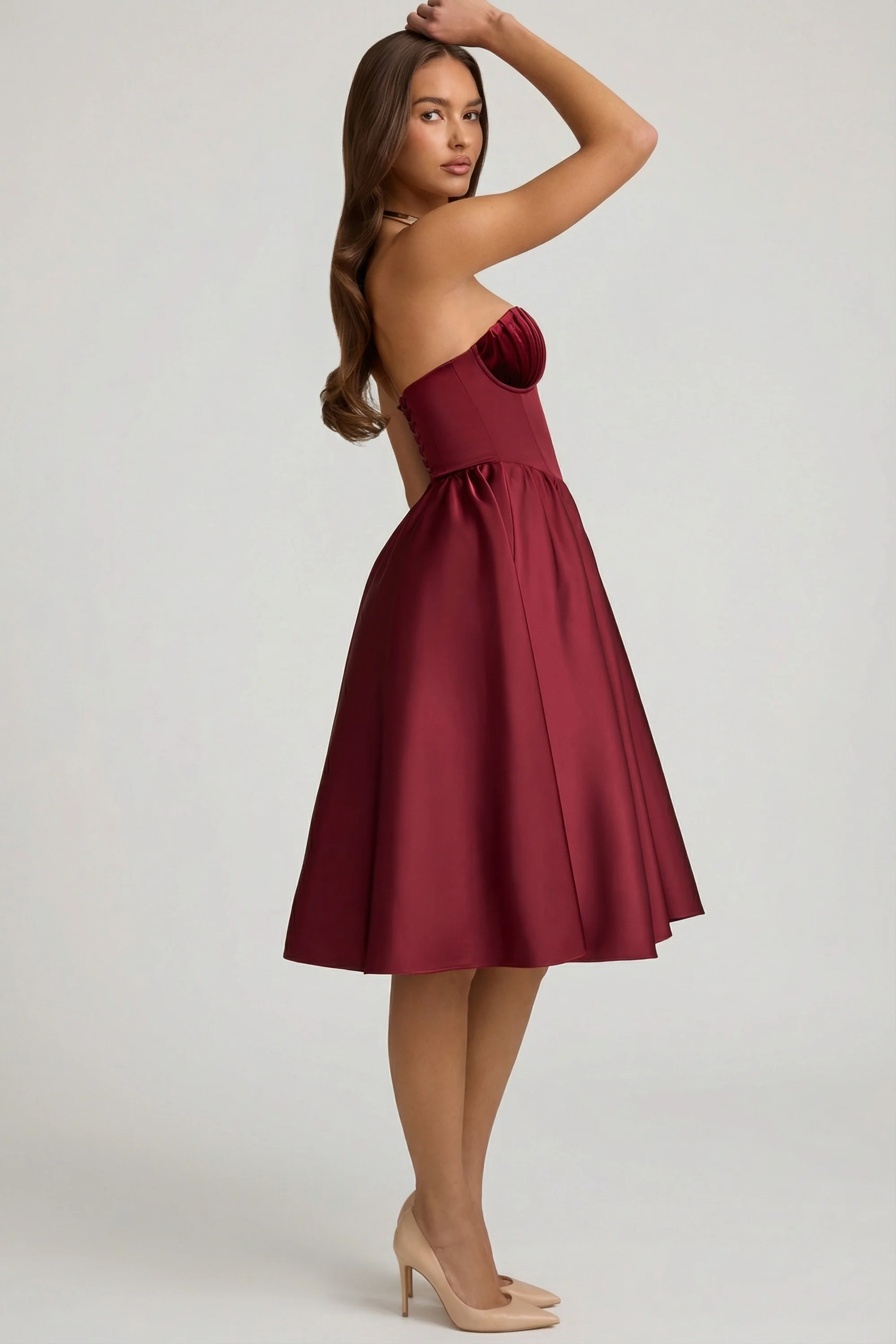 Strapless Corset Midi Dress in Wine Red - Image 3
