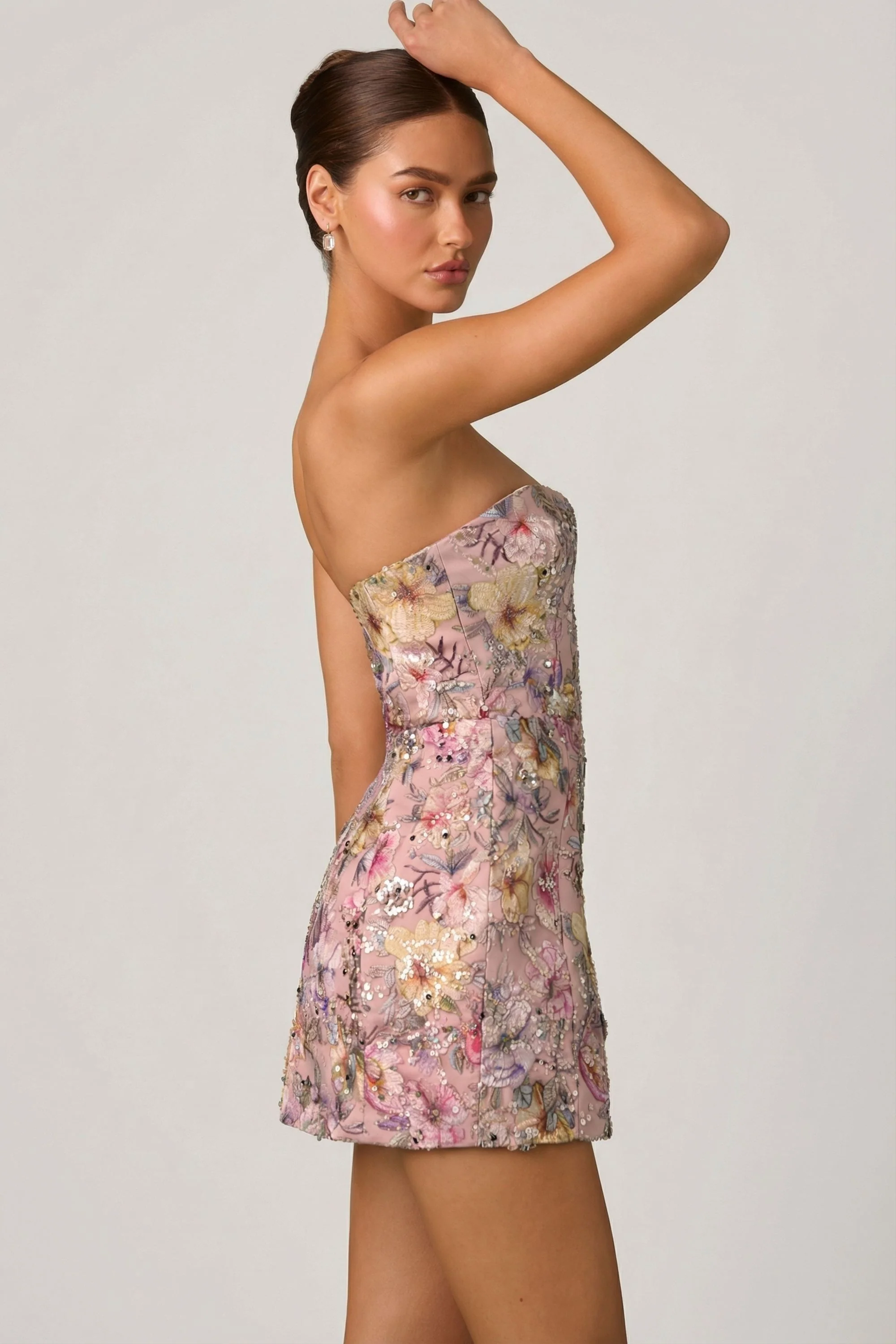 Embellished Convertible Lace-Up Gown in Floral Pink - Image 5