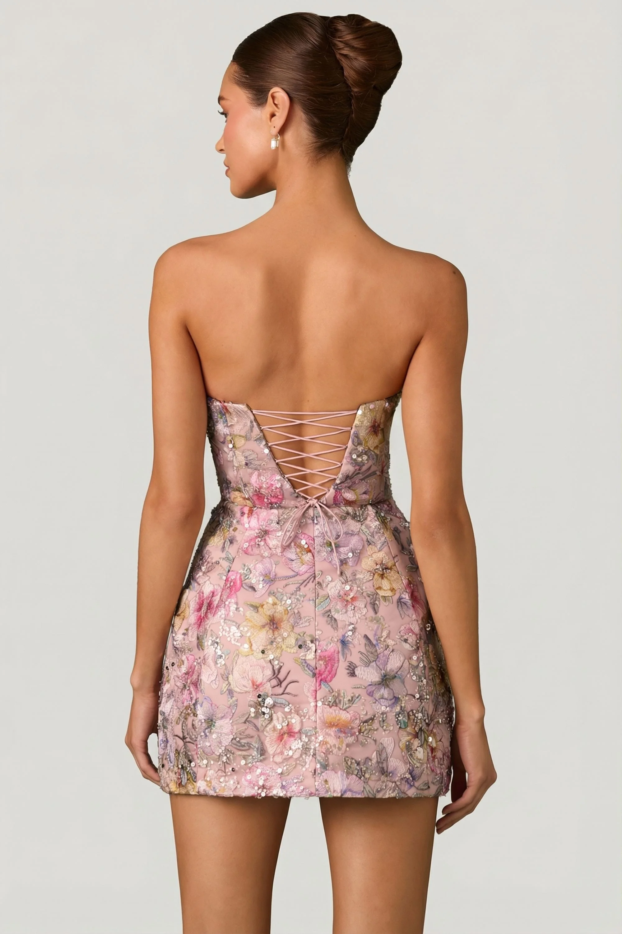 Embellished Convertible Lace-Up Gown in Floral Pink - Image 6