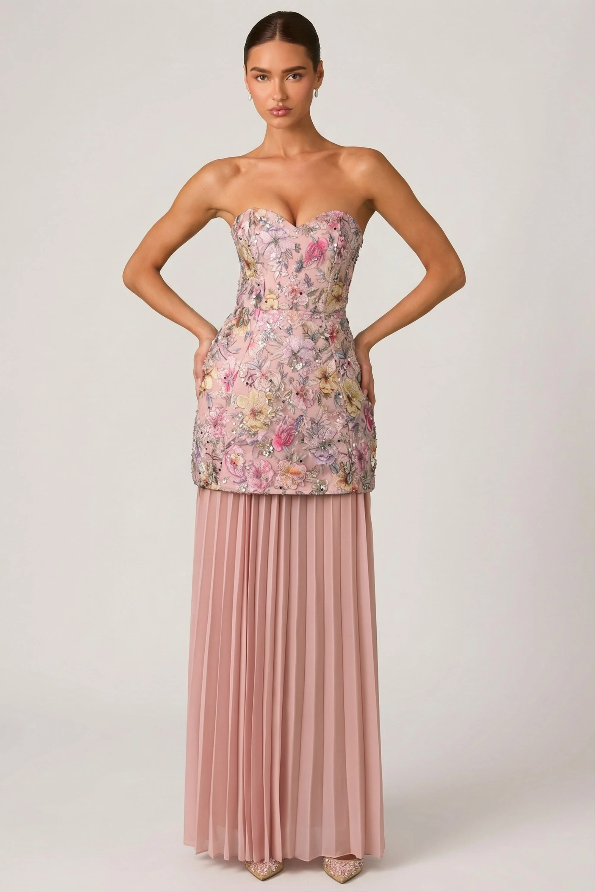 Embellished Convertible Lace-Up Gown in Floral Pink - Image 8