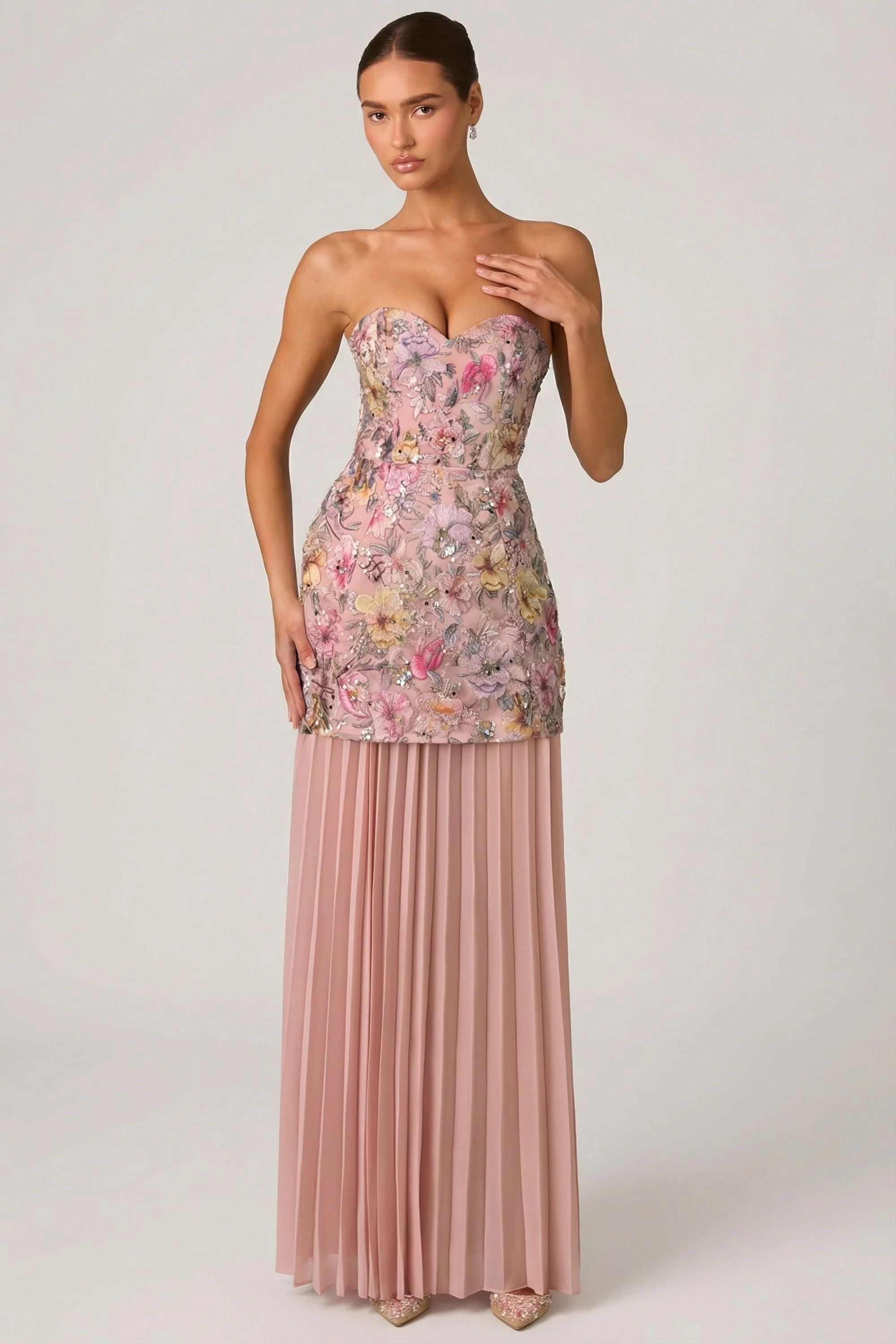 Embellished Convertible Lace-Up Gown in Floral Pink - Image 9