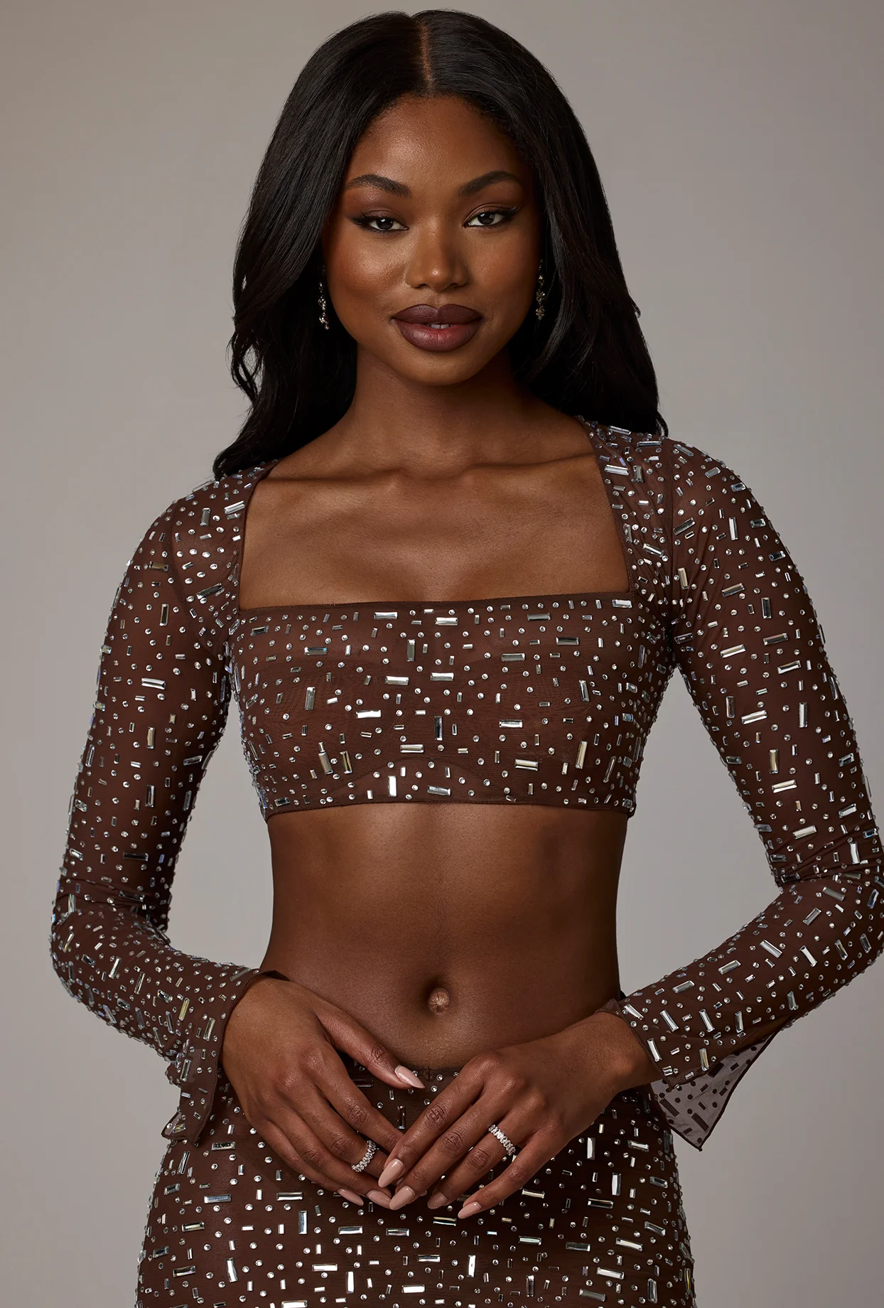Sheer Embellished Long Sleeve Crop Top in Deep Cocoa - Image 13