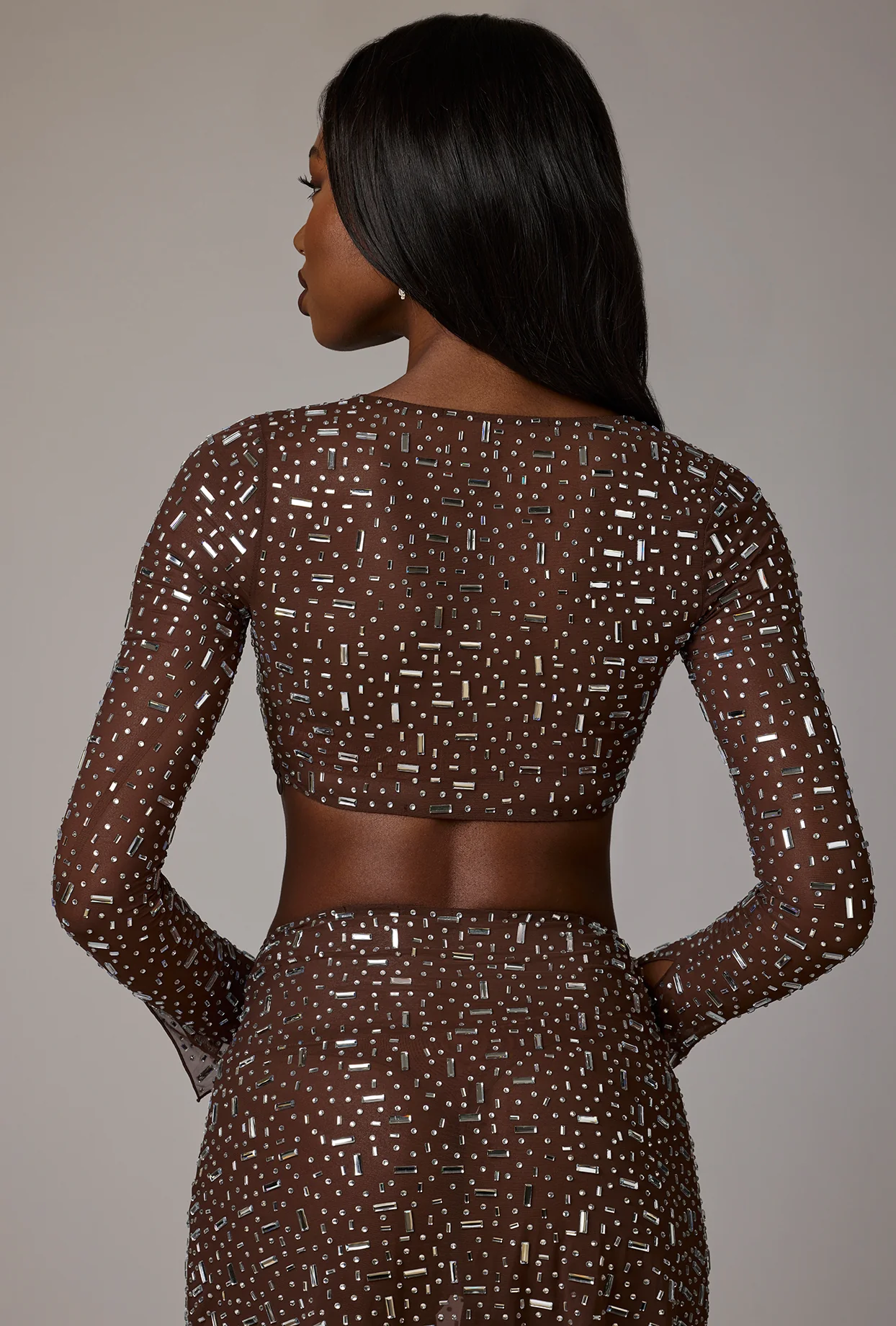 Sheer Embellished Long Sleeve Crop Top in Deep Cocoa - Image 8