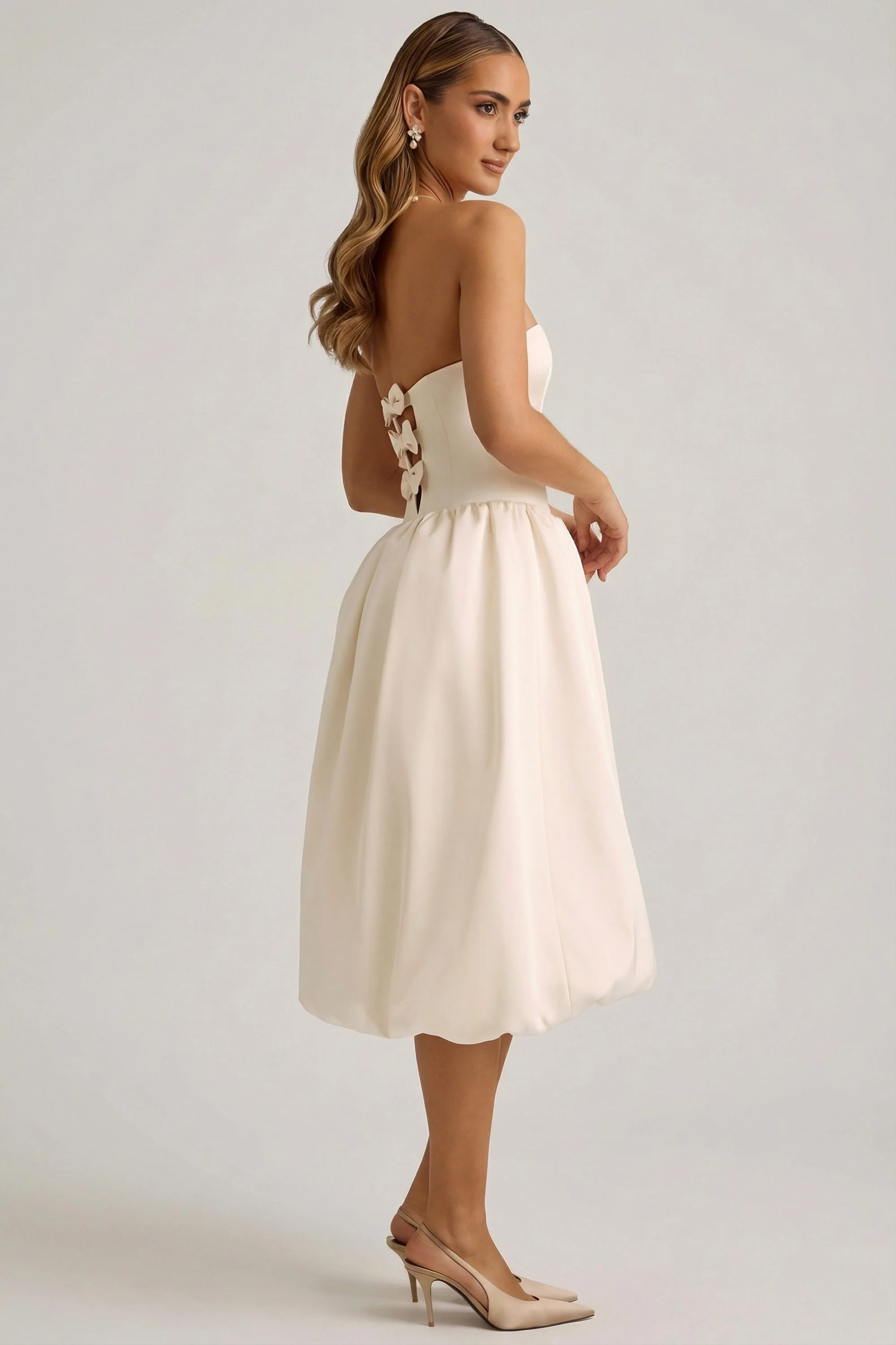 Convertible Bow-Detail Bubble Hem Midaxi Dress in Ivory - Image 8