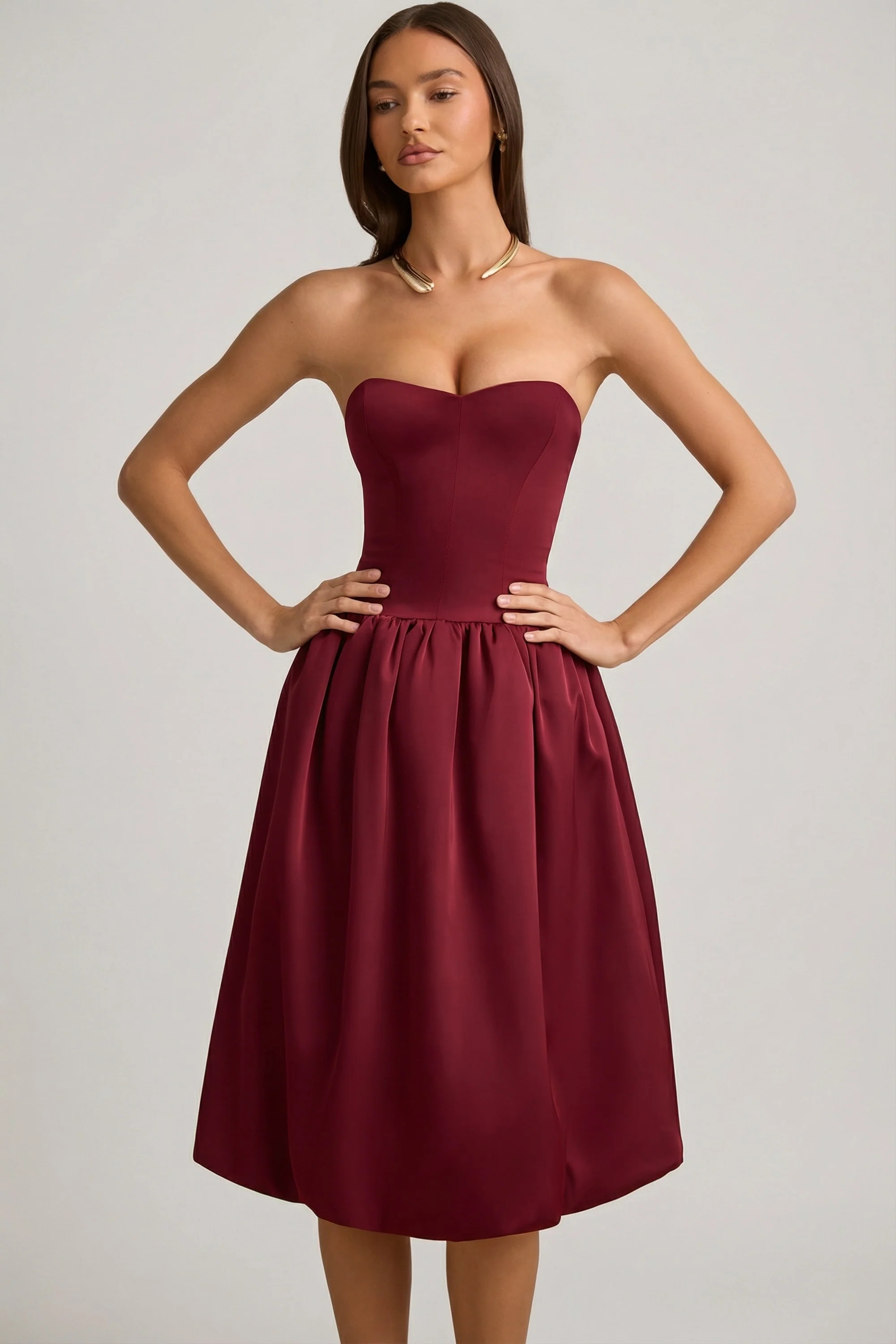 Convertible Bow-Detail Bubble Hem Midaxi Dress in Wine Red - Image 10