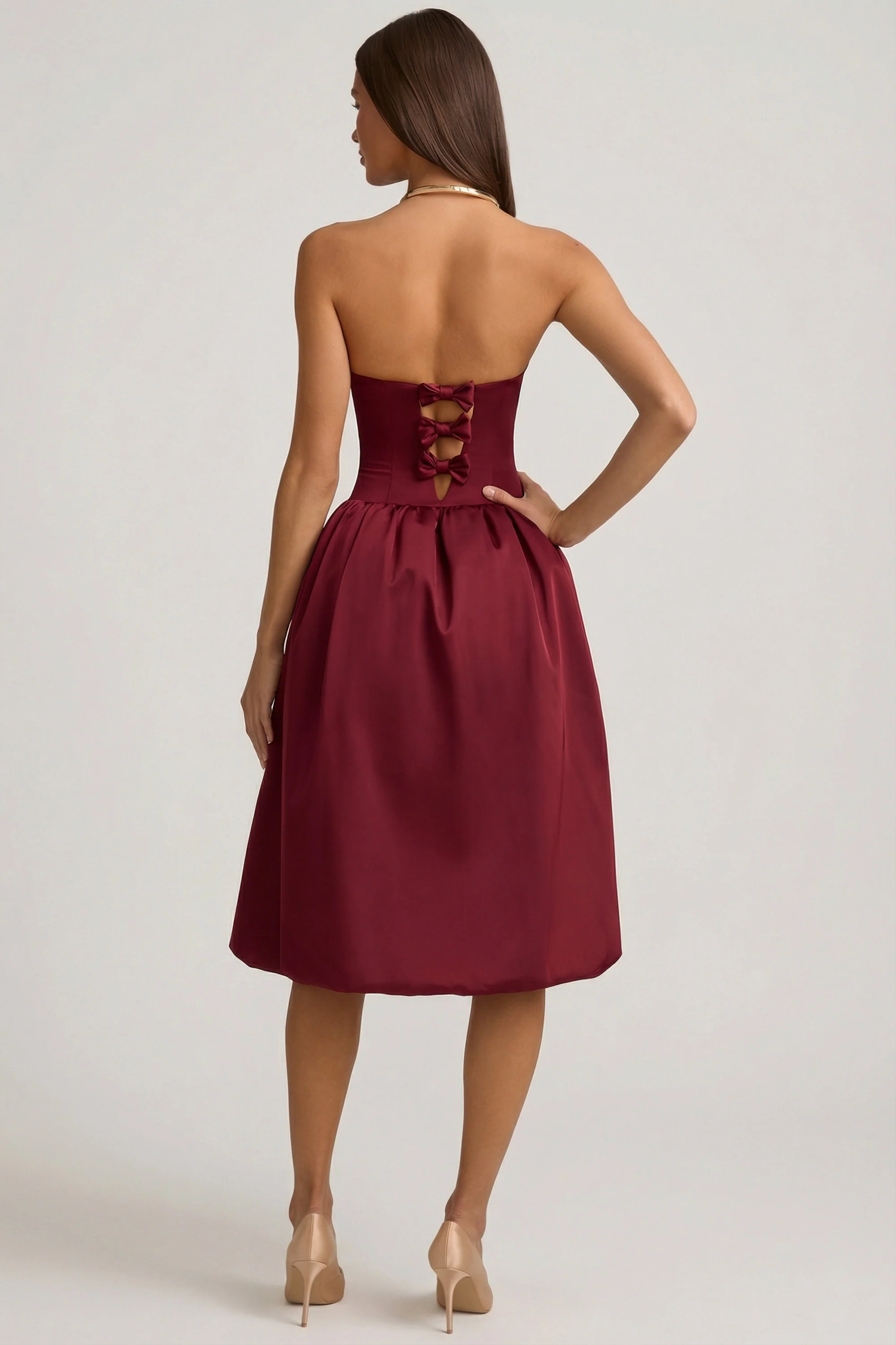 Convertible Bow-Detail Bubble Hem Midaxi Dress in Wine Red - Image 3
