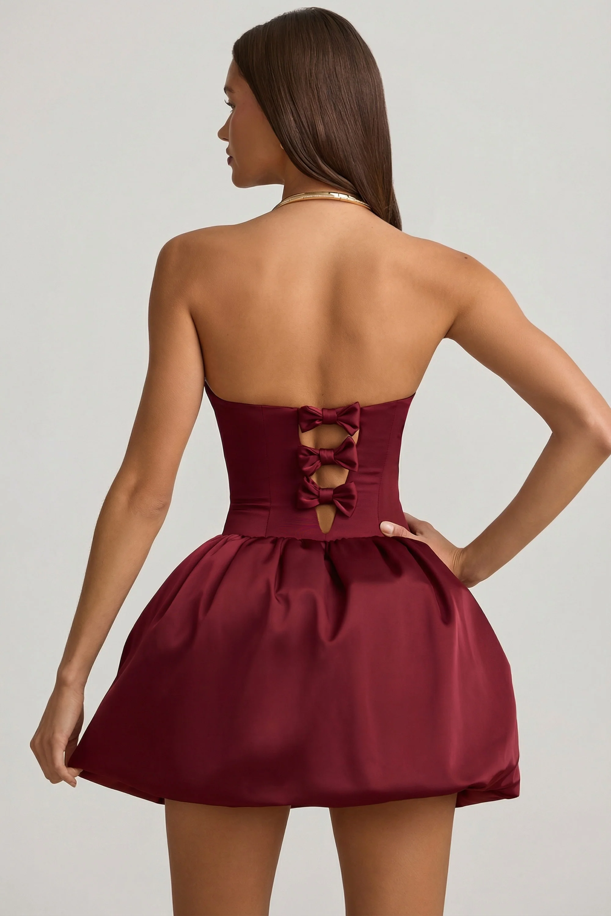 Convertible Bow-Detail Bubble Hem Midaxi Dress in Wine Red - Image 7