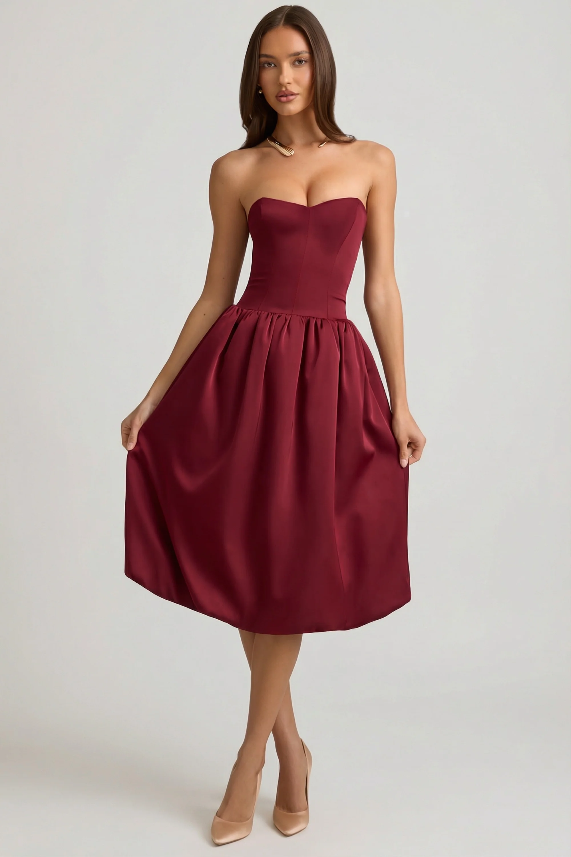 Convertible Bow-Detail Bubble Hem Midaxi Dress in Wine Red - Image 9