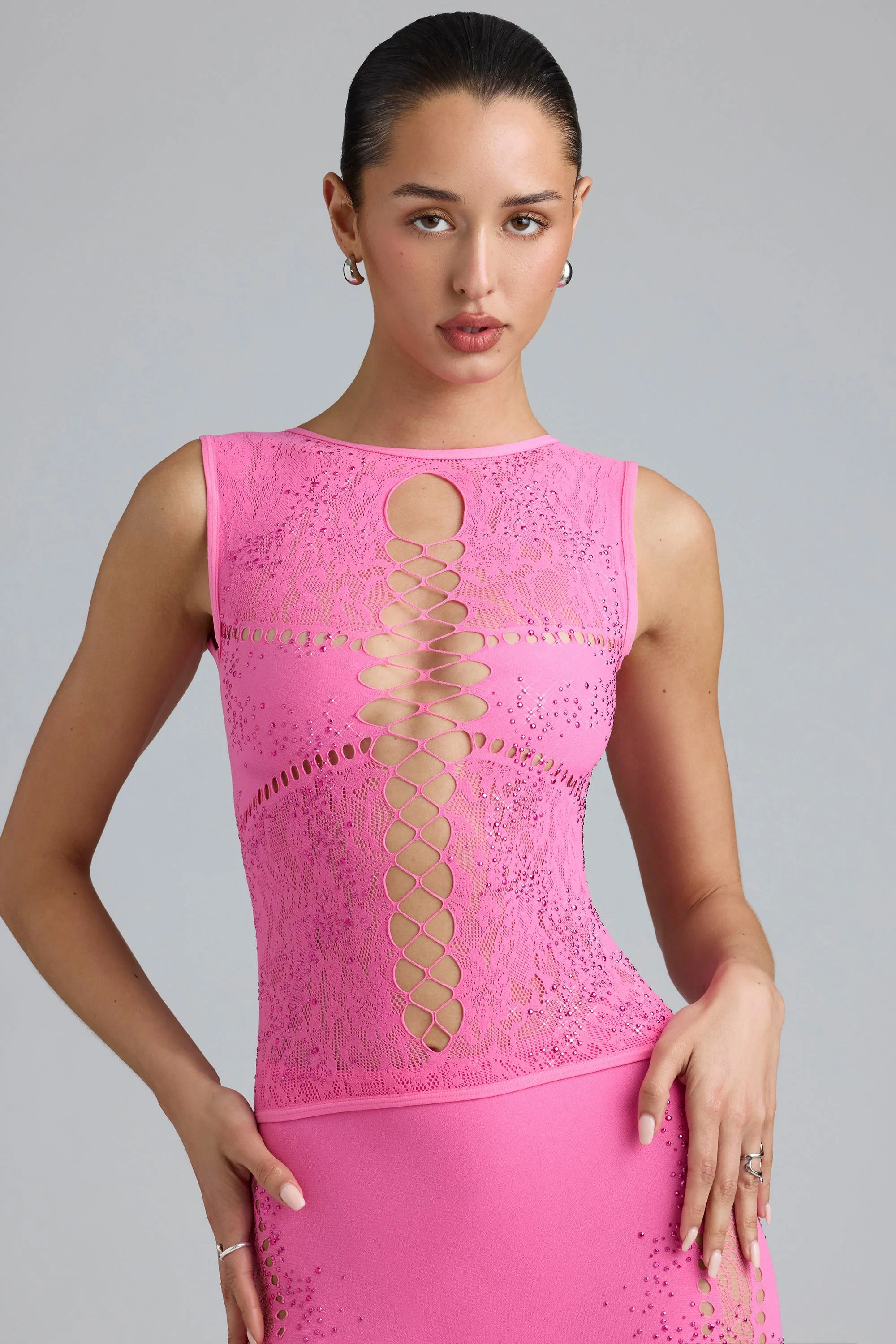 Embellished Lace-Up High-Neck Top in Bubblegum Pink - Image 11