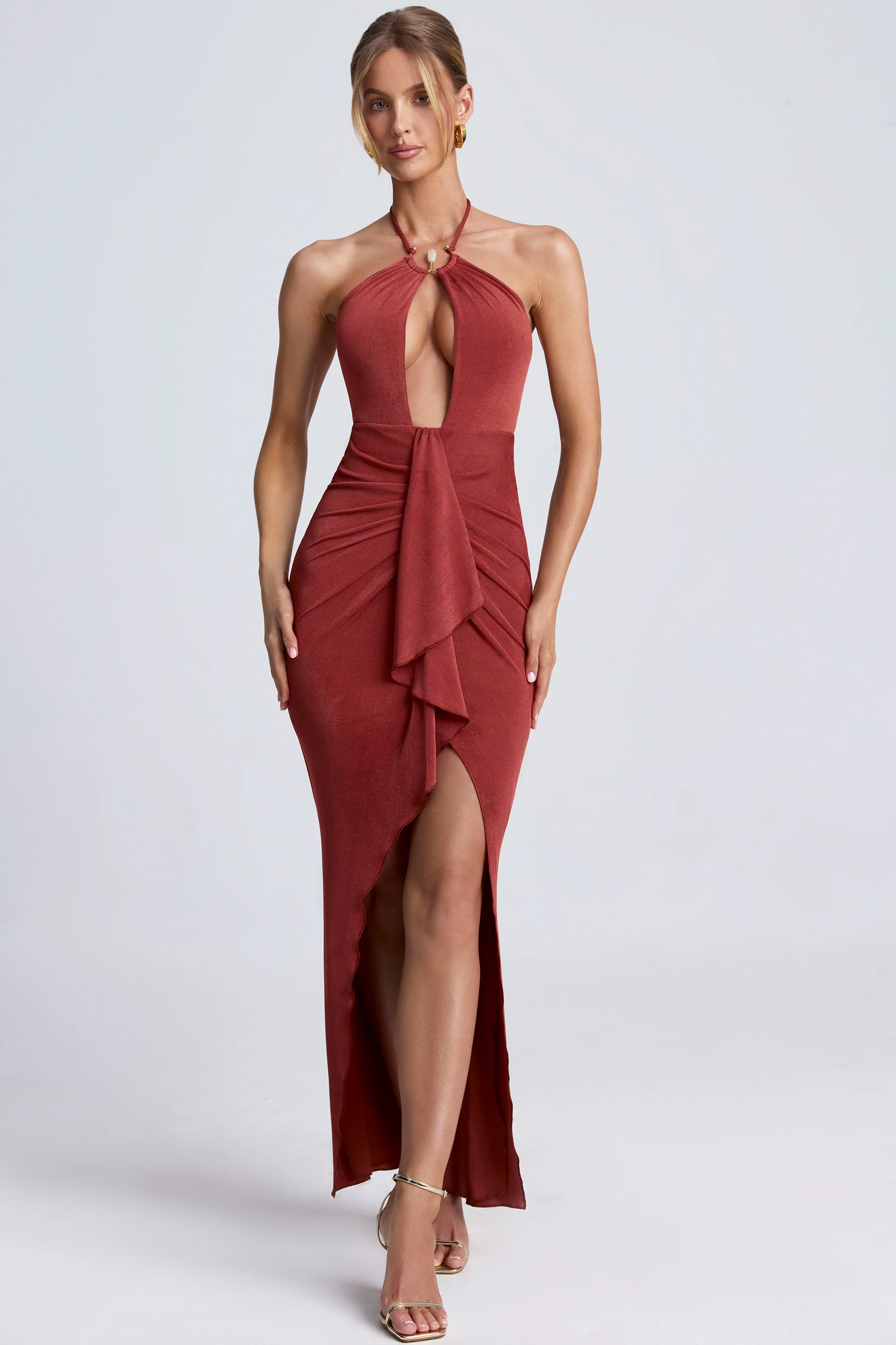 Hardware Detail Cut-Out Halterneck Maxi Dress in Auburn Brown - Image 6