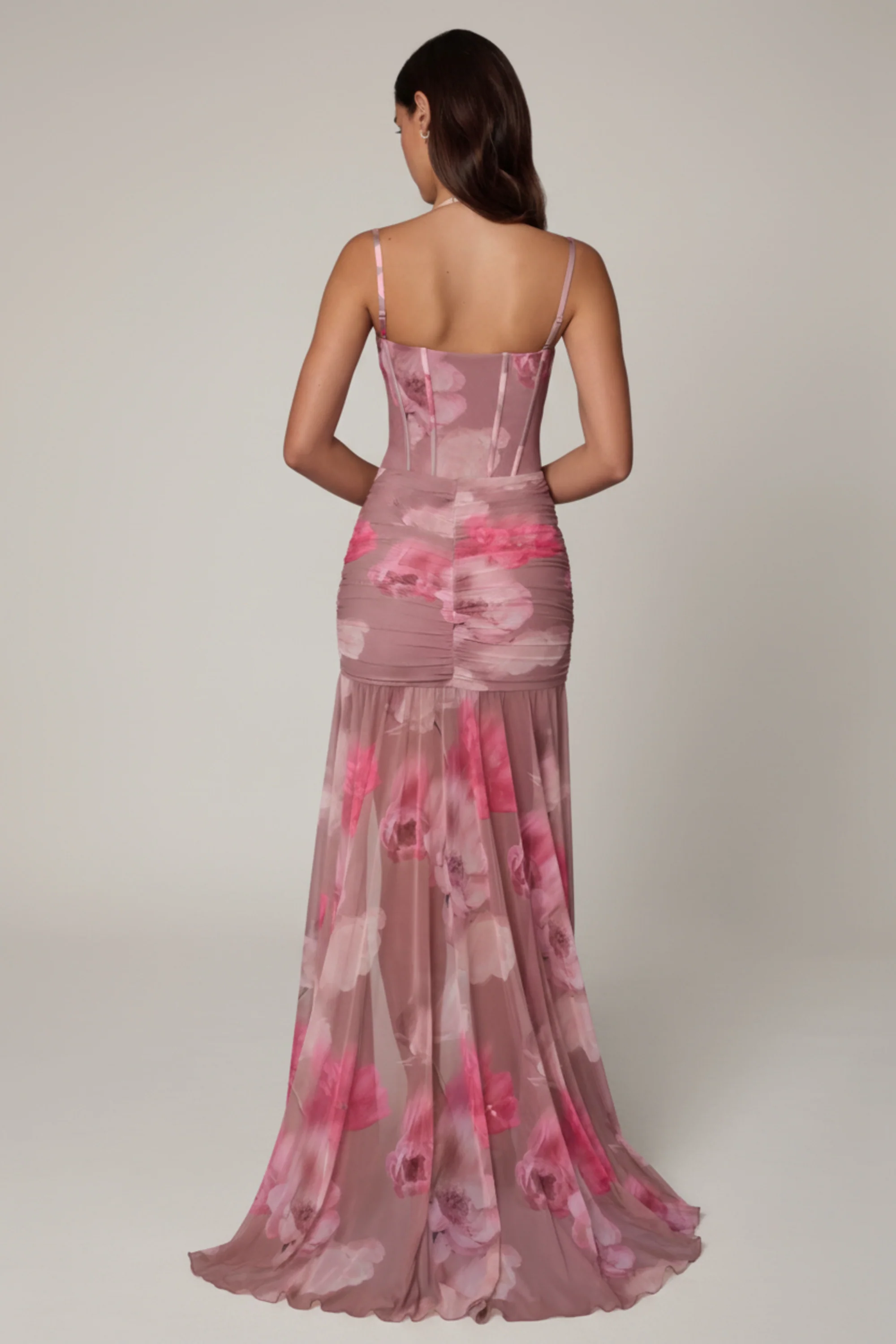 Ruched Asymmetric Corset Gown in Blurred Floral - Image 6