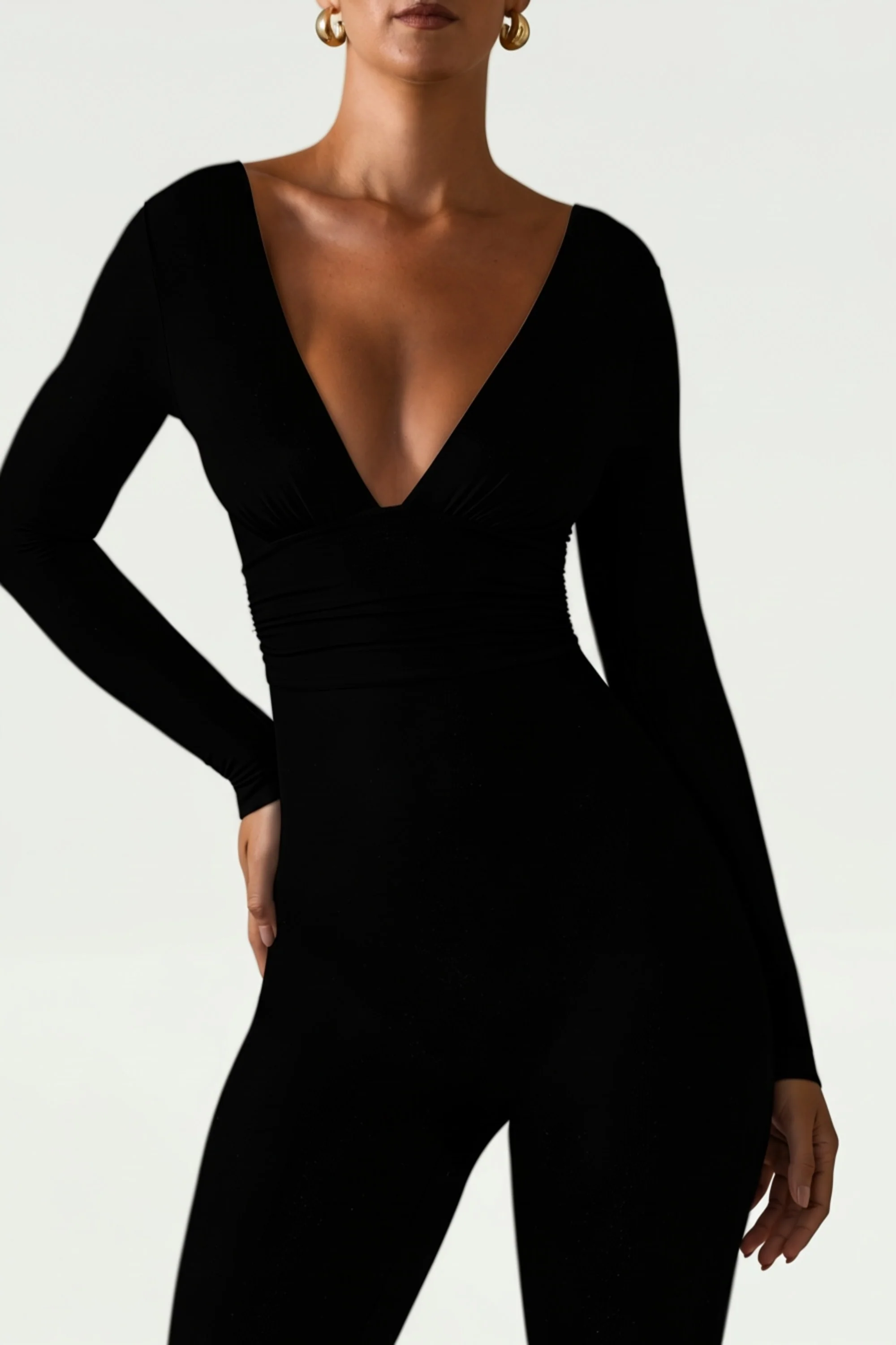 Modal Ruched Plunge Flared Jumpsuit in Black - Image 4