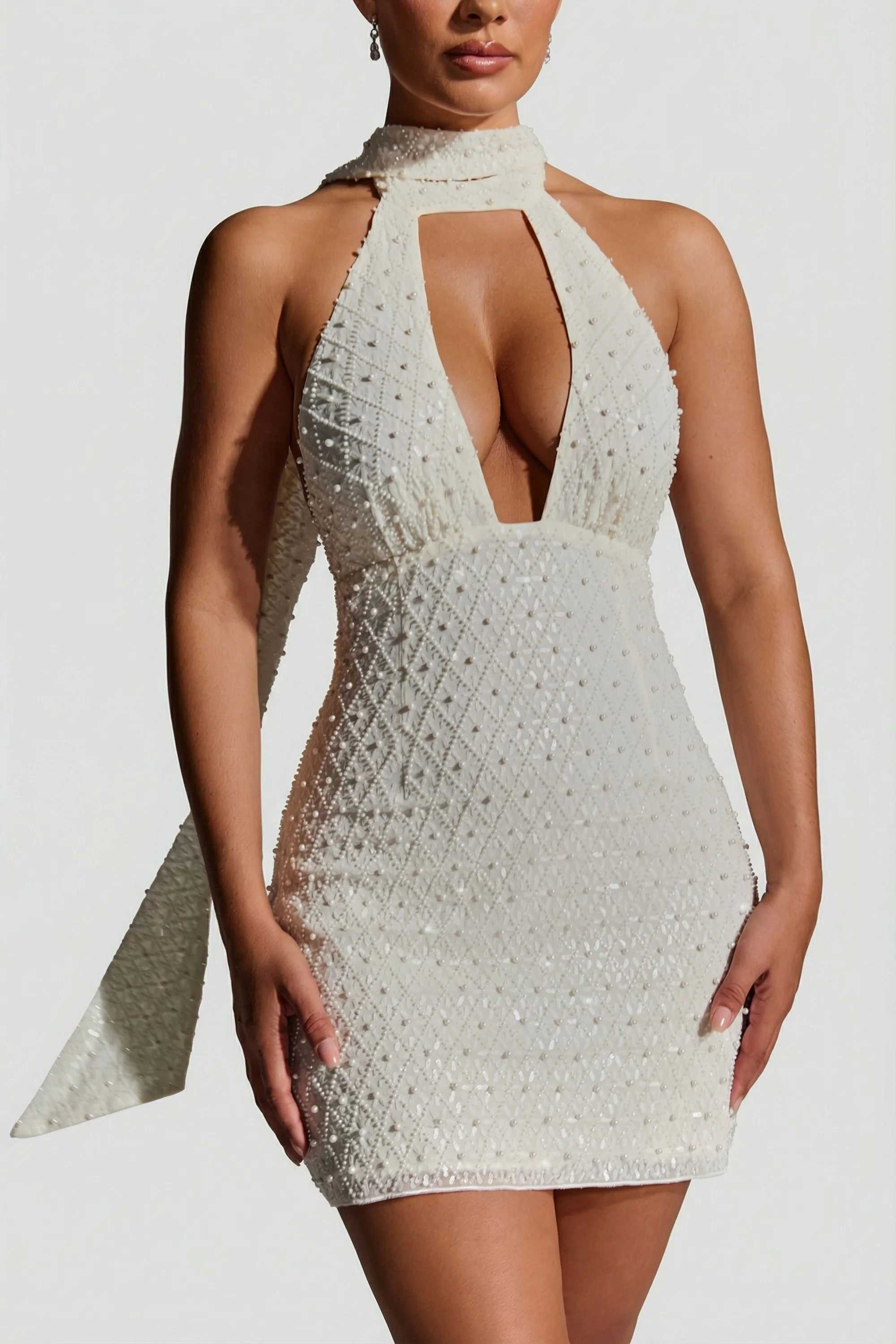 Embellished Scarf-Detail Halterneck Mini Dress in White - Image 3