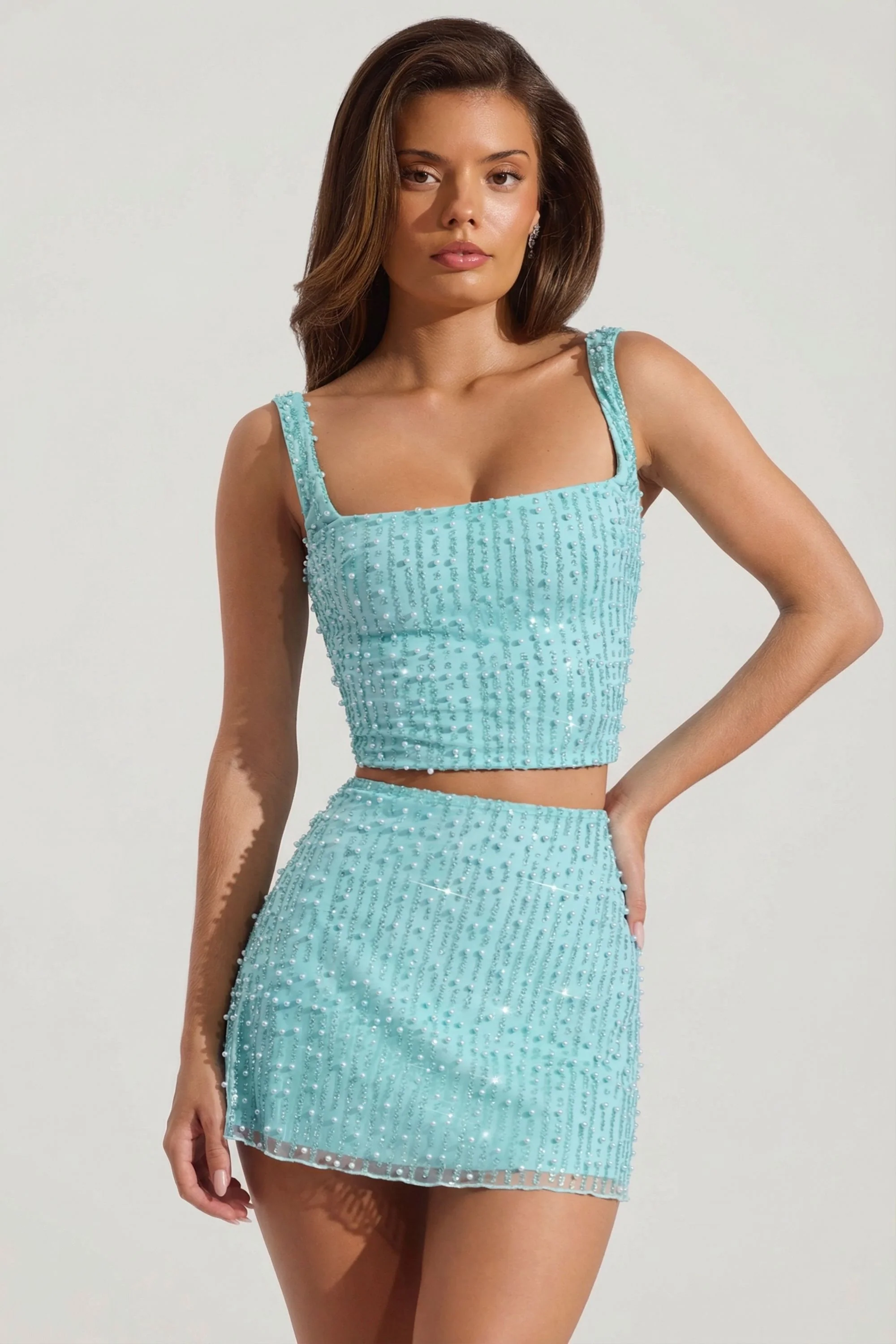 Embellished Low-Rise Mini Skirt in Aqua Blue - Image 8