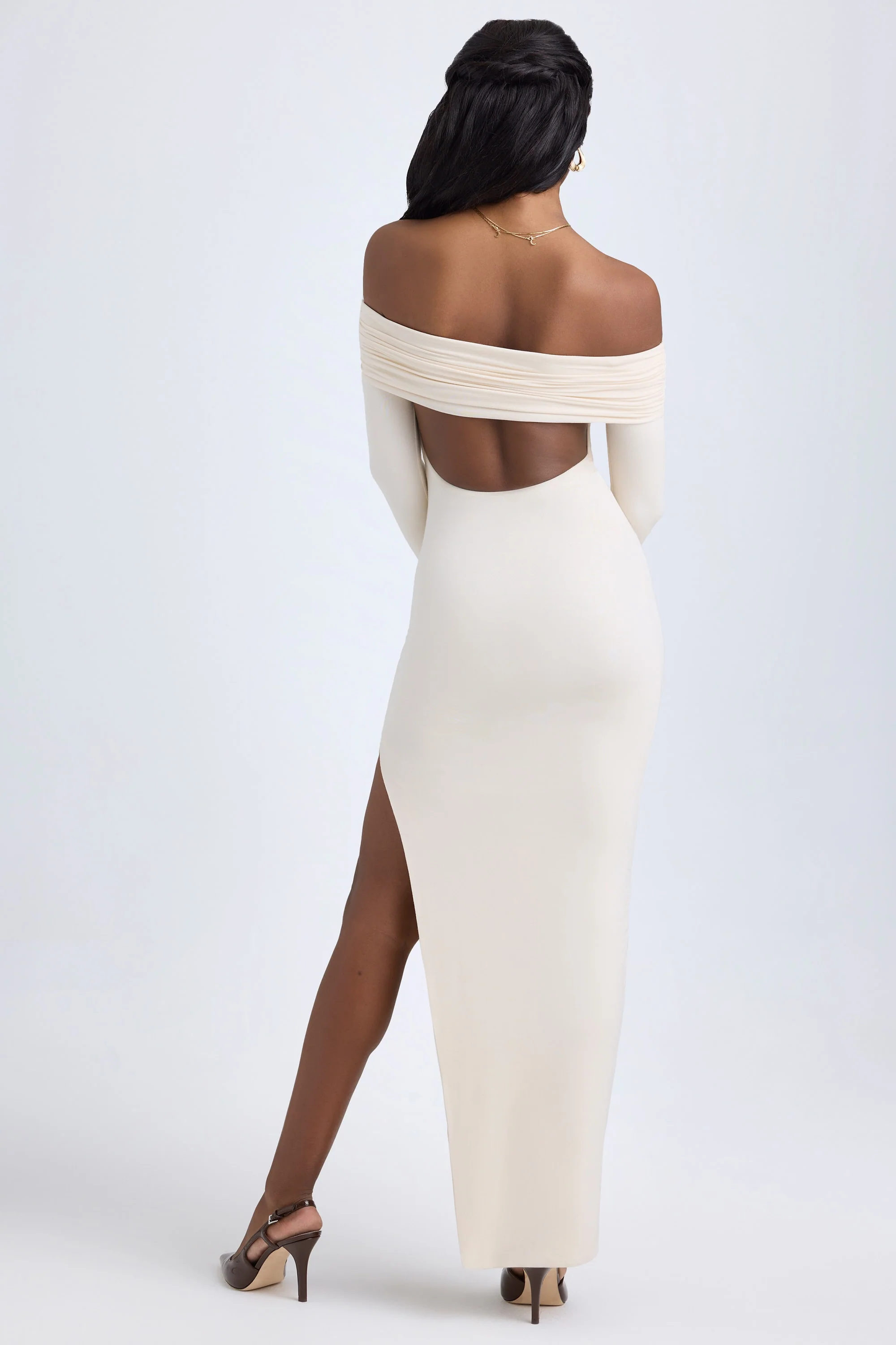 Modal Off-Shoulder Open-Back Maxi Dress in Ivory - Image 3