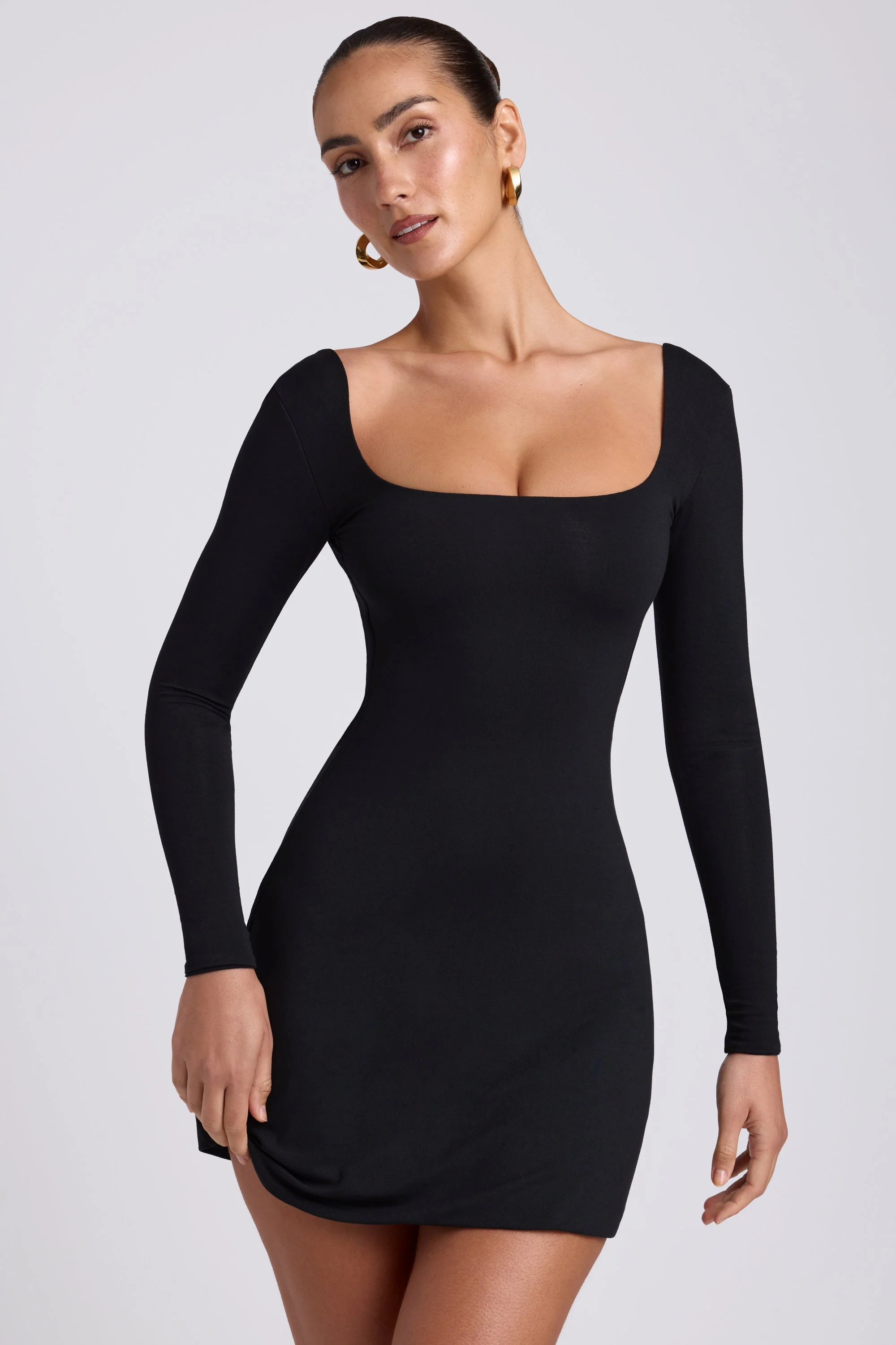 Modal Square Neck Long Sleeve Mini Dress in Black - Image 4