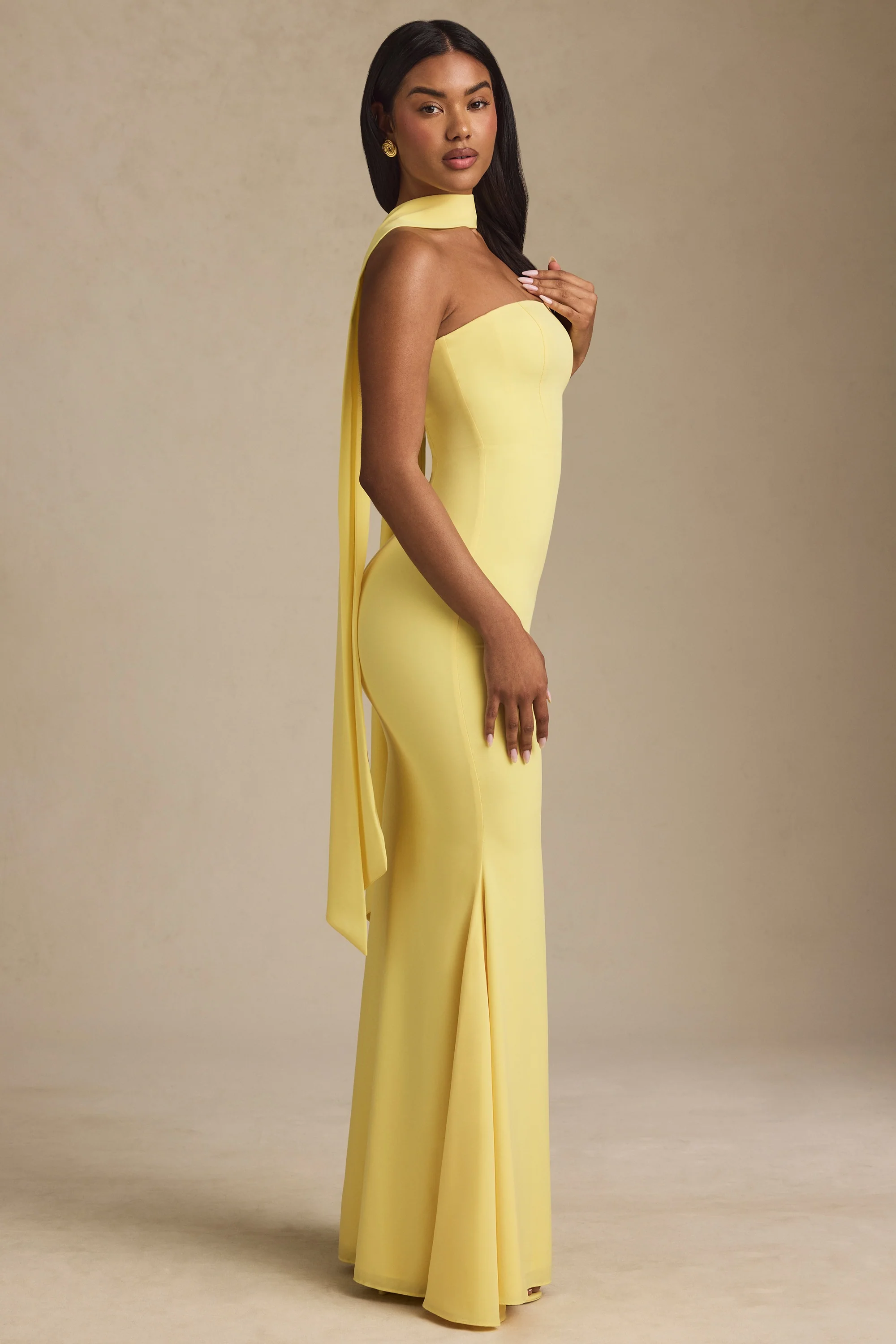 Scarf-Detail Strapless Gown in Pastel Yellow - Image 3