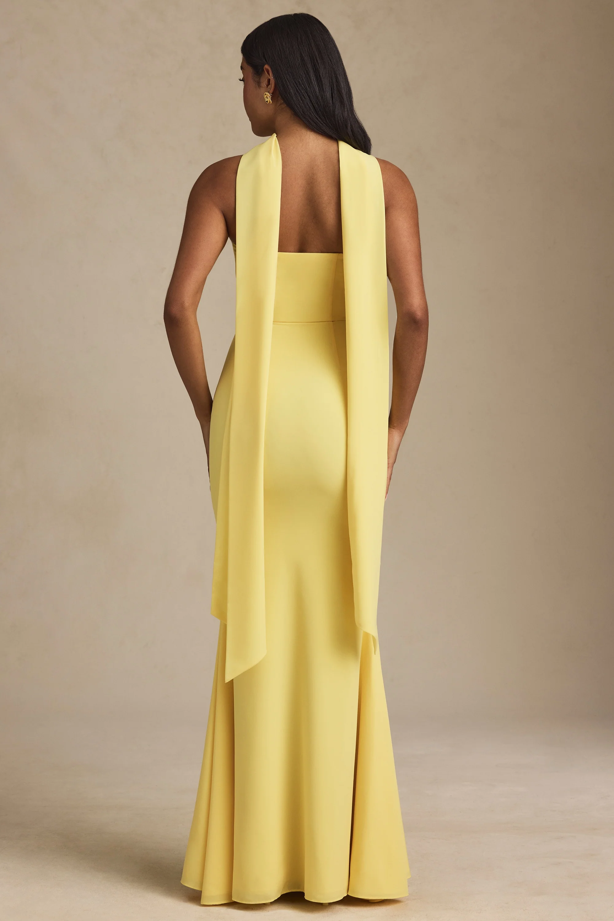 Scarf-Detail Strapless Gown in Pastel Yellow - Image 6
