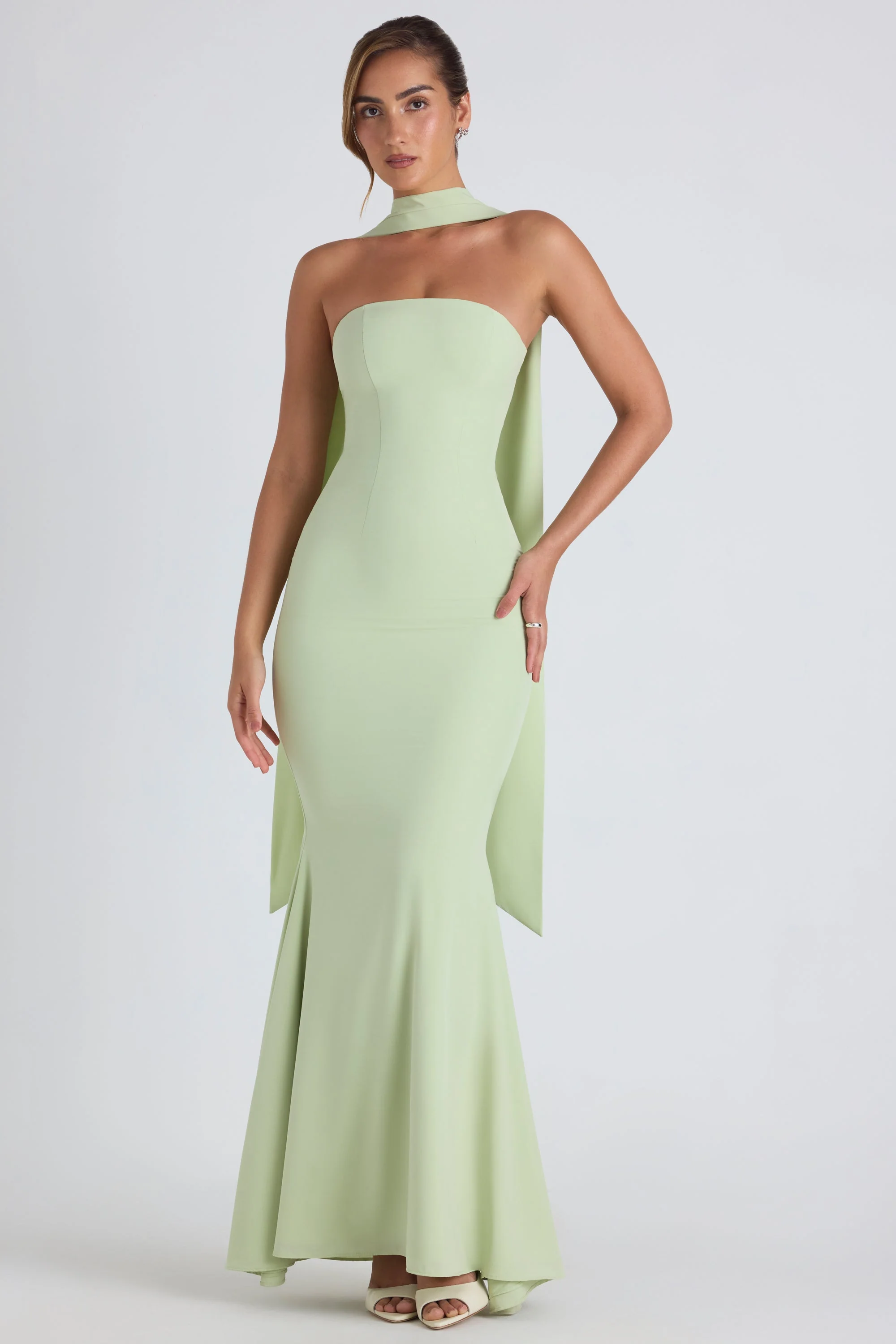 Scarf-Detail Strapless Gown in Spring Green - Image 4