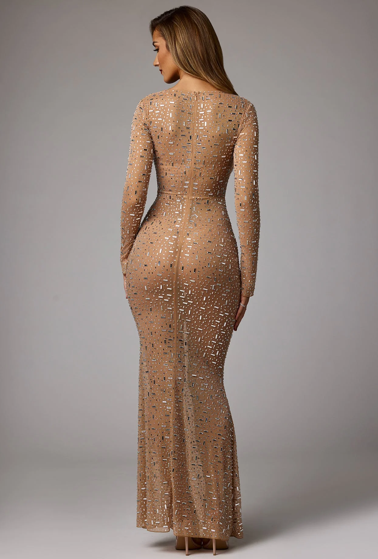 Sheer Embellished Long Sleeve Evening Gown in Almond - Image 2