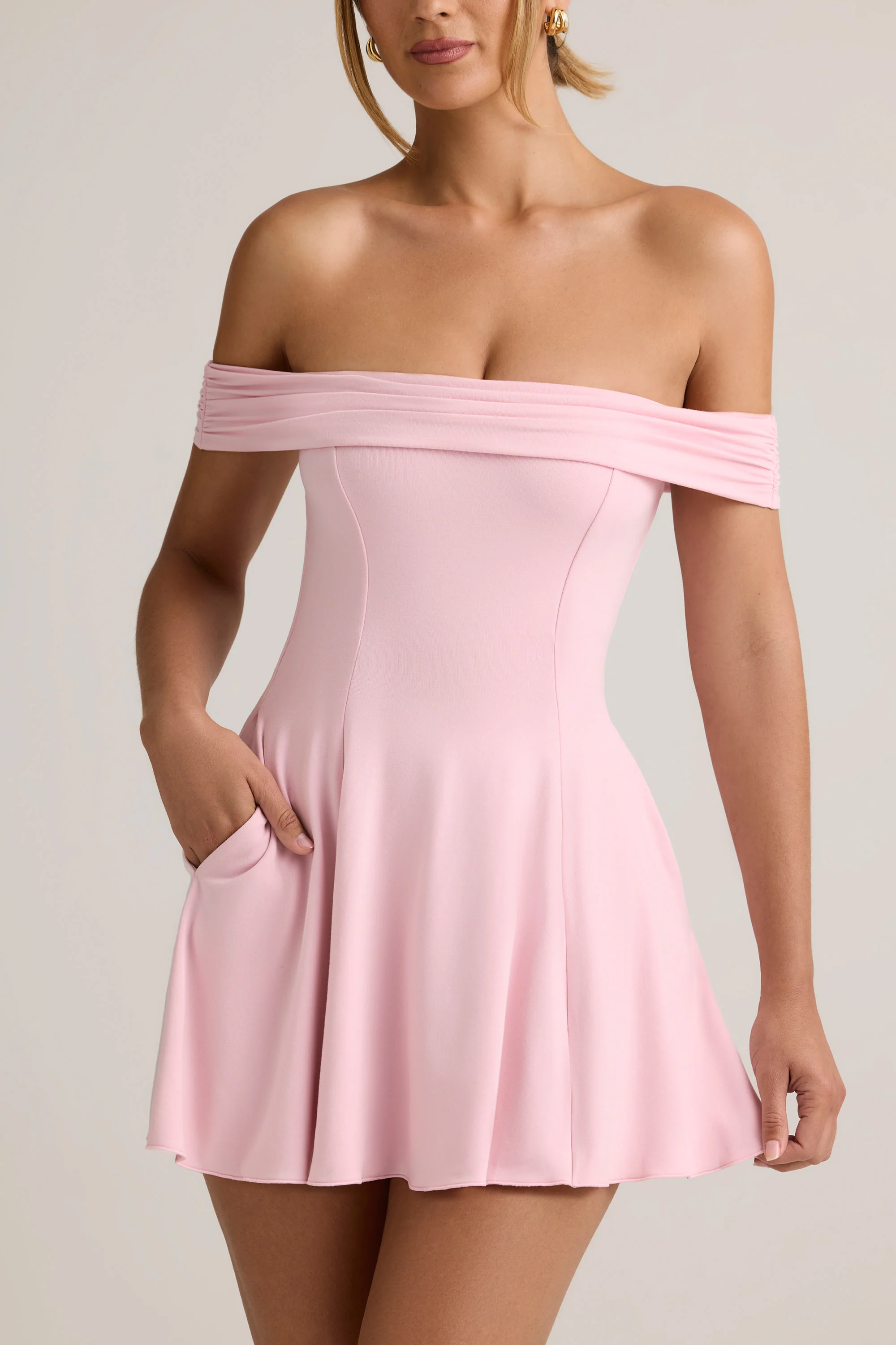 Modal Off-Shoulder A-Line Mini Dress in Baby Pink - Image 4