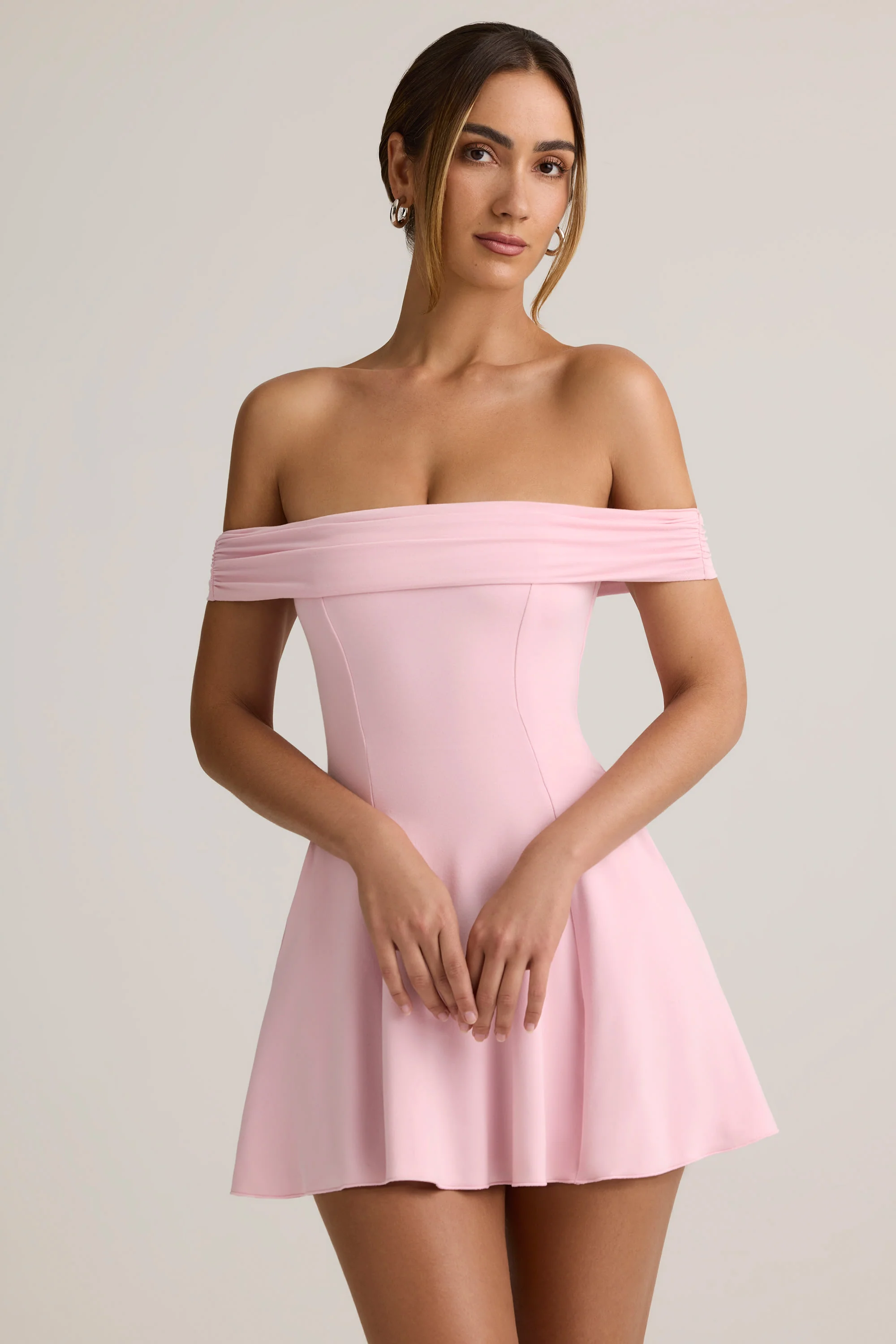 Modal Off-Shoulder A-Line Mini Dress in Baby Pink - Image 5
