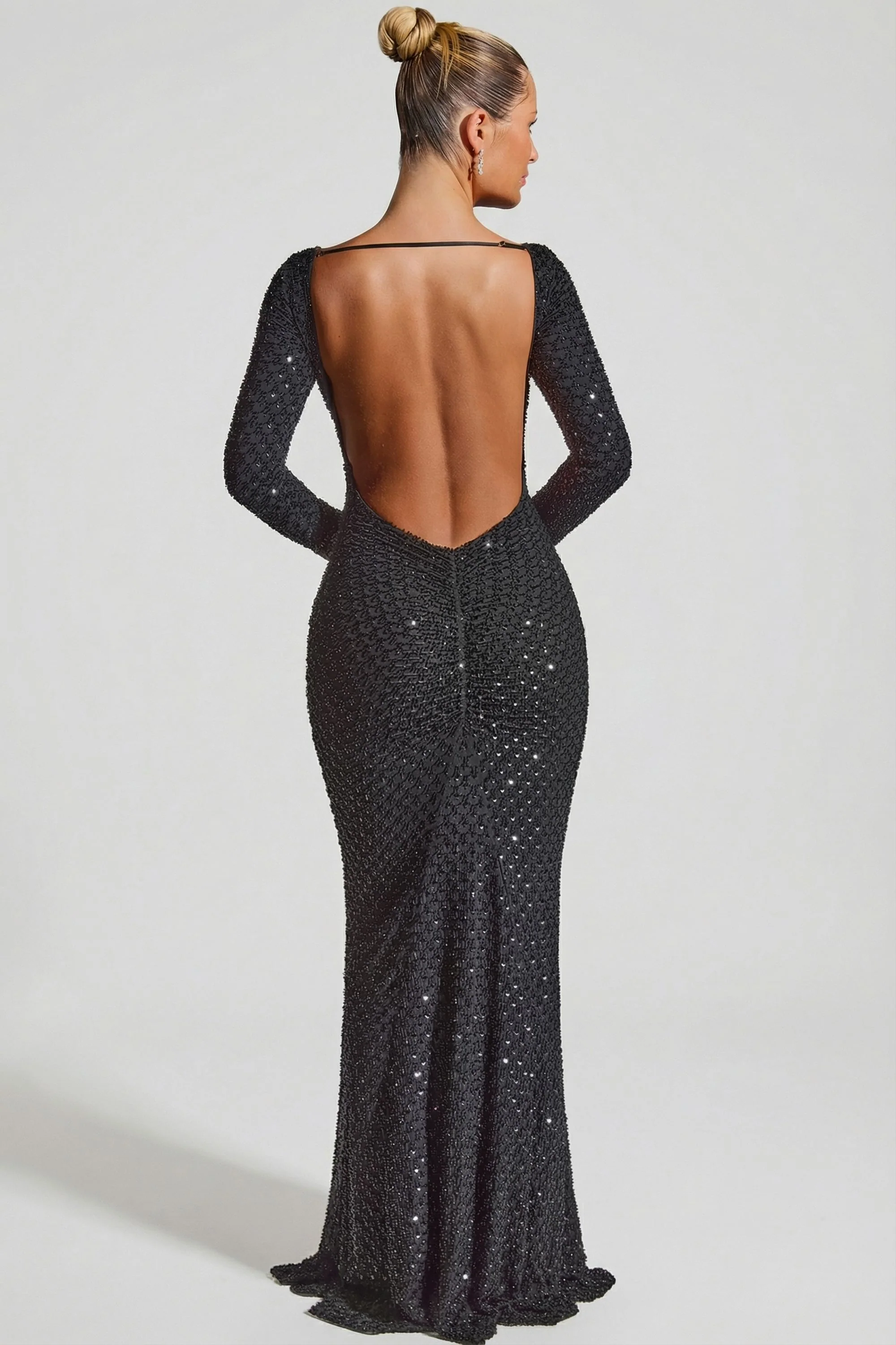 Embellished Open-Back Gown in Black - Image 3