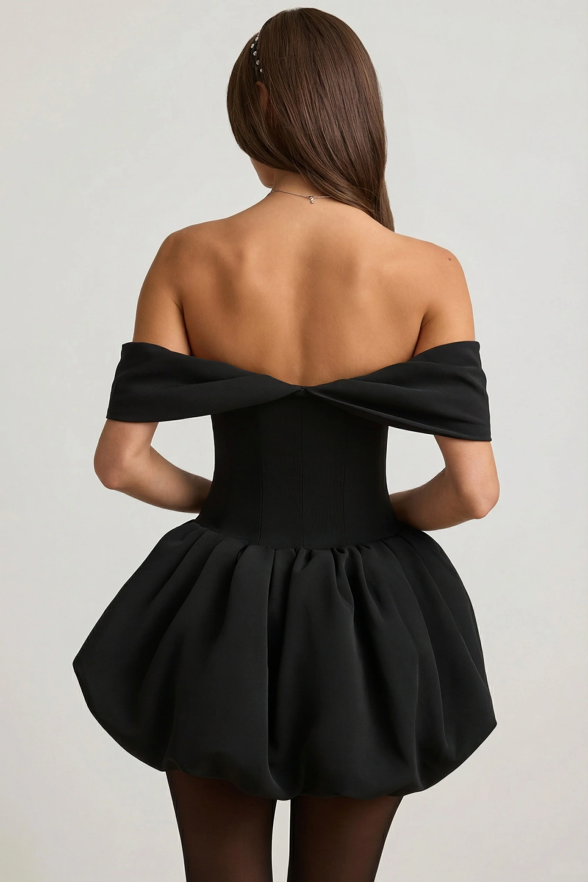 Off-Shoulder Layered Bubble Hem Corset Mini Dress in Black - Image 2