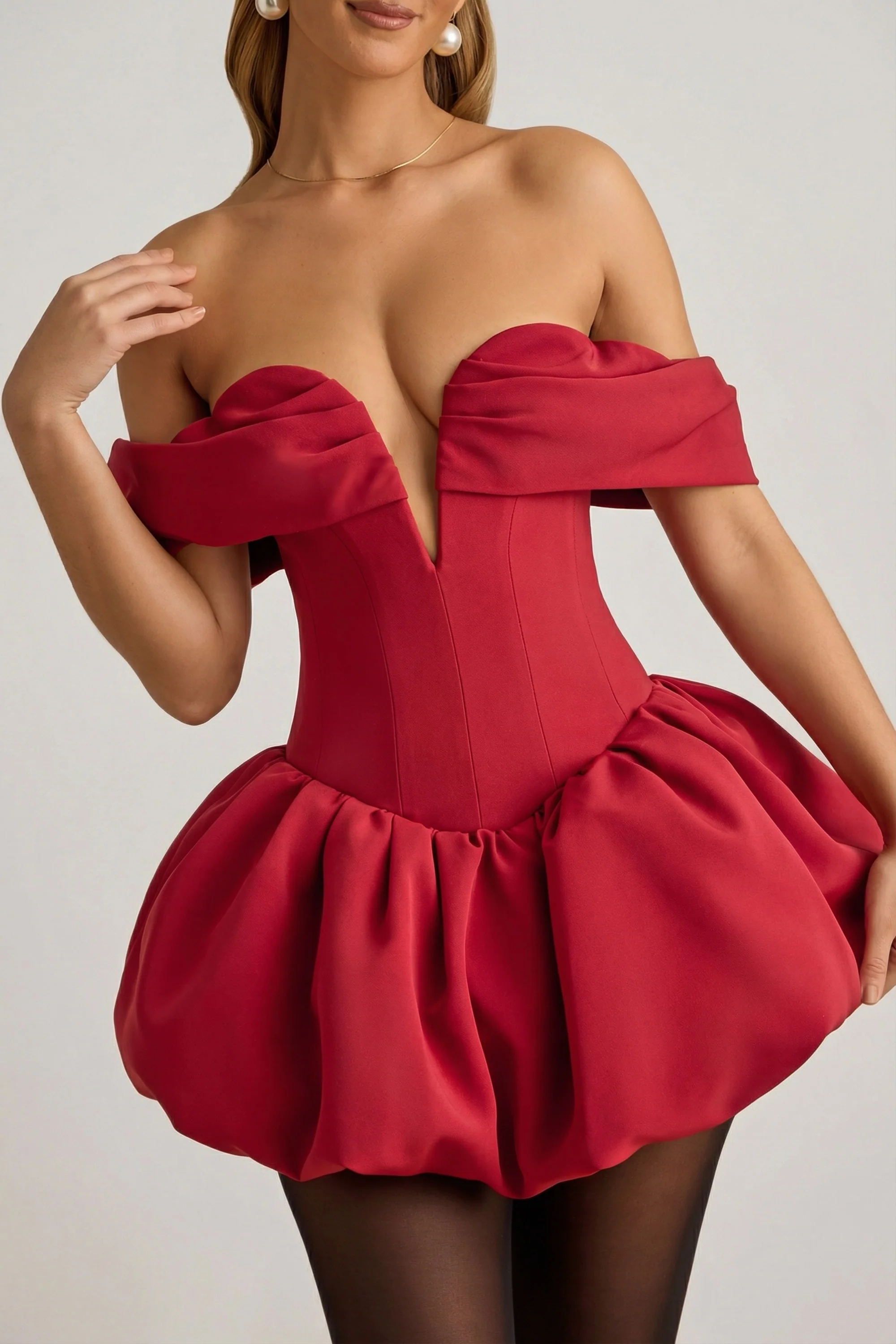 Off-Shoulder Layered Bubble Hem Corset Mini Dress in True Red - Image 4