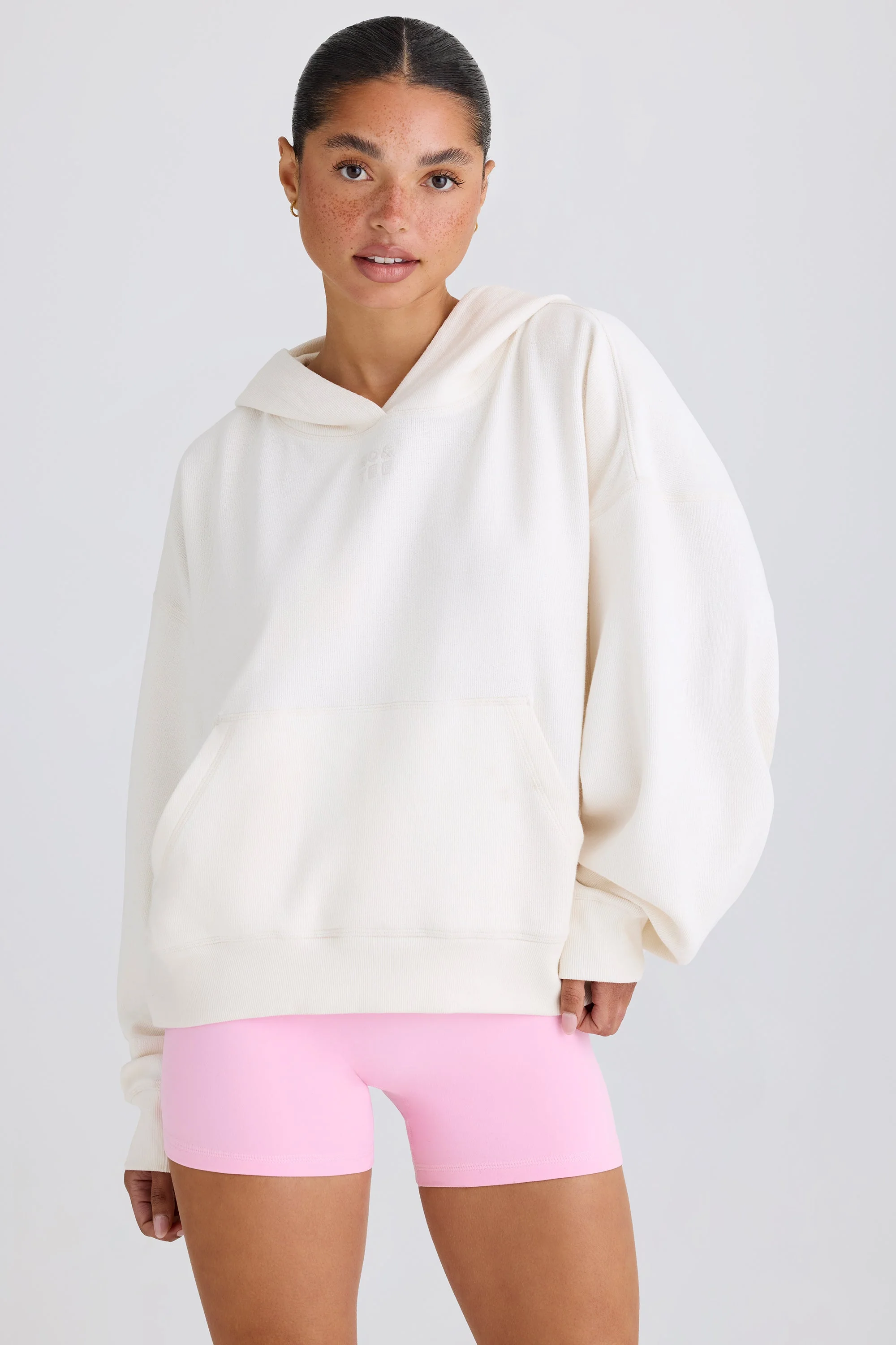 Textured Cotton Jersey Graphic Print Hoodie in White - Image 2