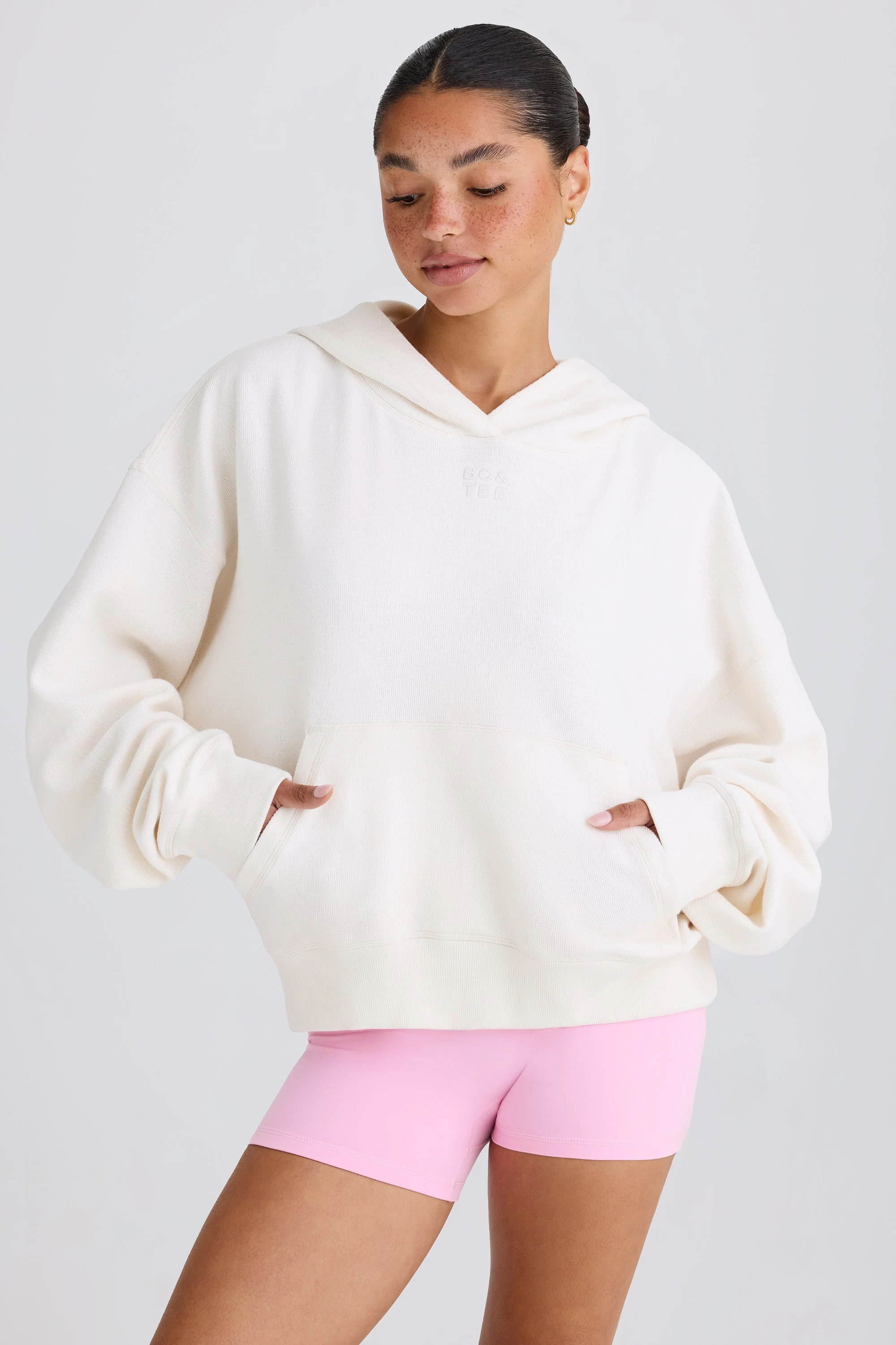 Textured Cotton Jersey Graphic Print Hoodie in White - Image 7