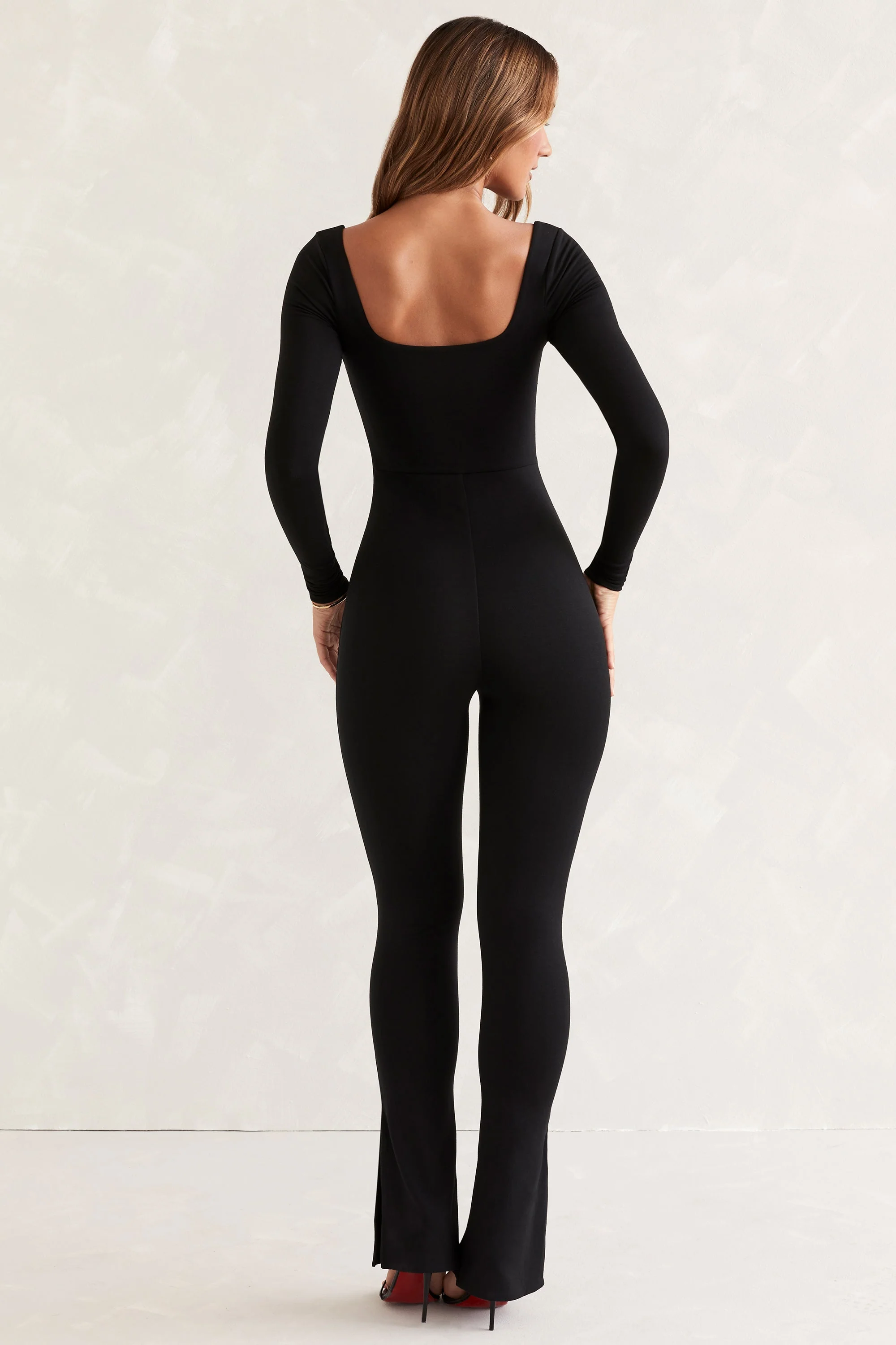 Long Sleeve Square Neck Jumpsuit in Black - Image 2