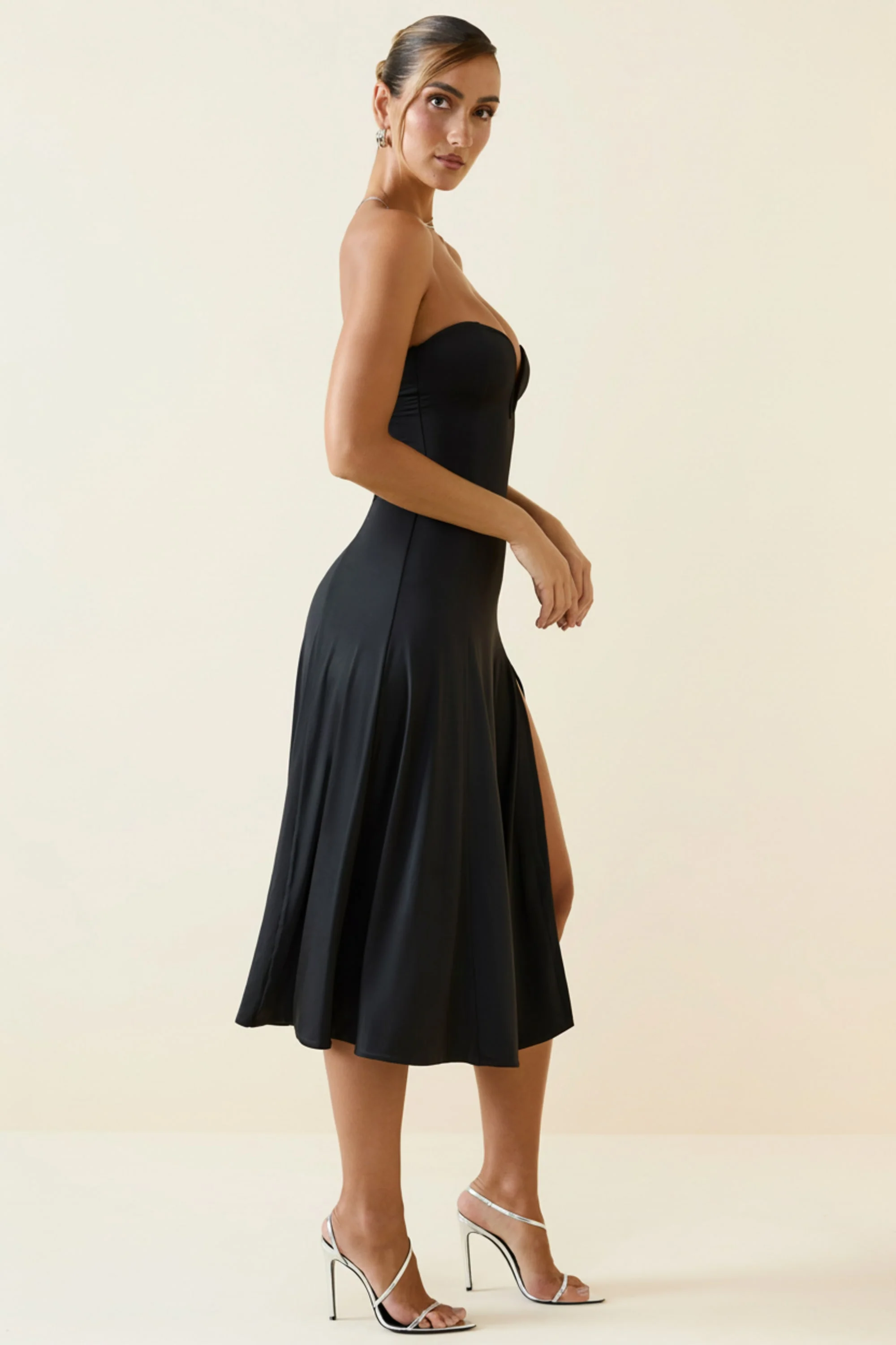 Slinky Jersey Strapless A-Line Midaxi Dress in Black - Image 4