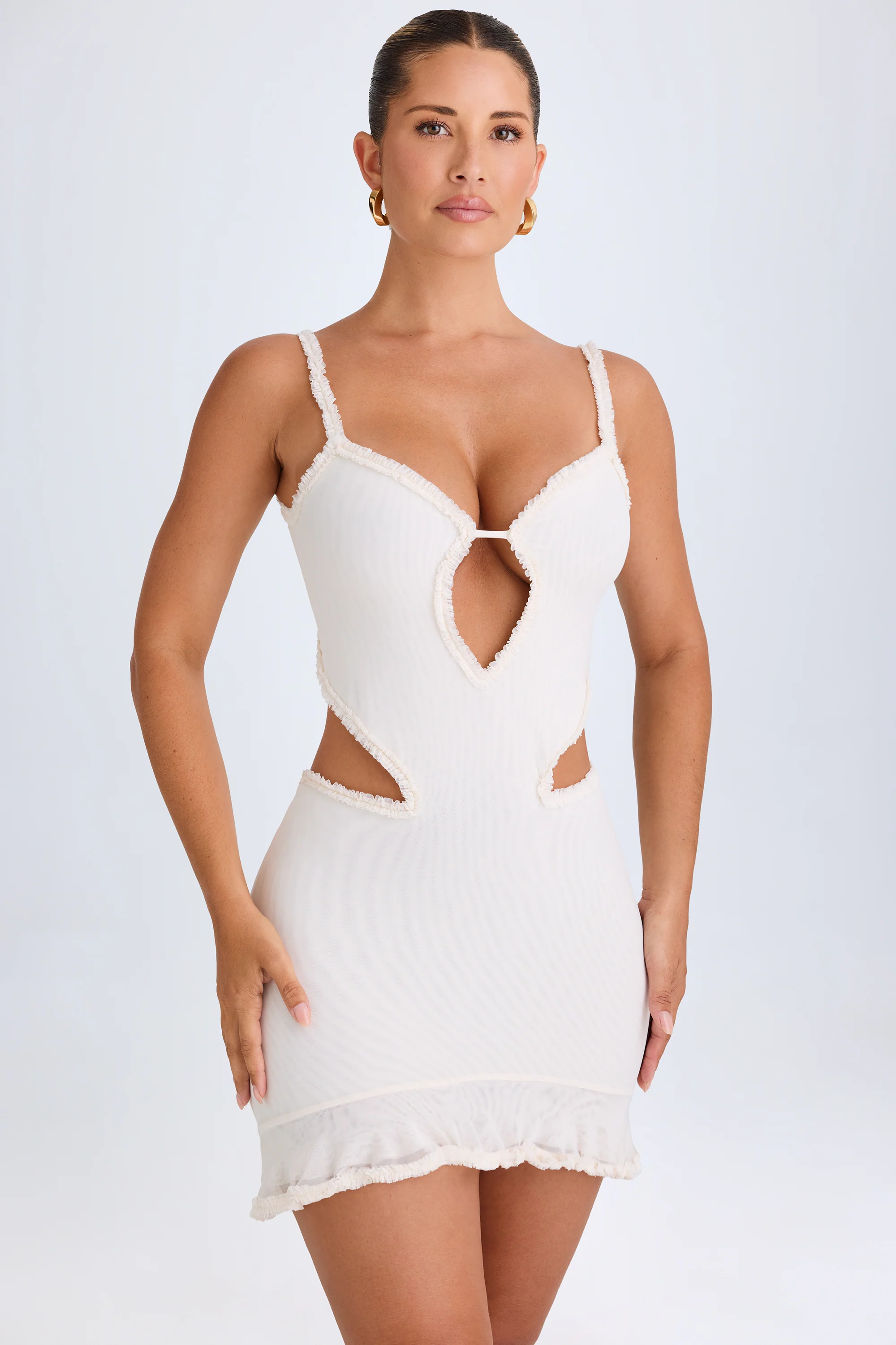 Ruffle-Appliqué Cut-Out Mini Dress in White - Image 7