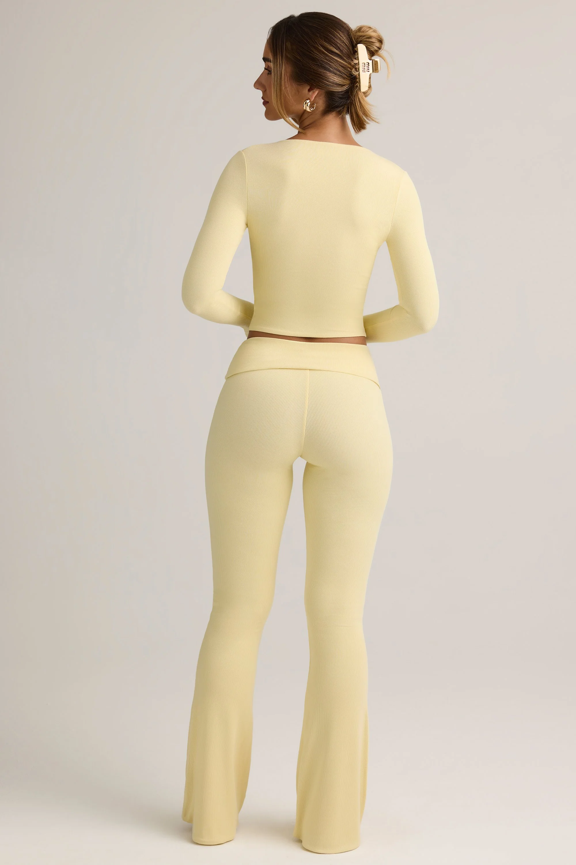 Modal Ribbed Foldover Flared Trousers in Buttercream Yellow - Image 2