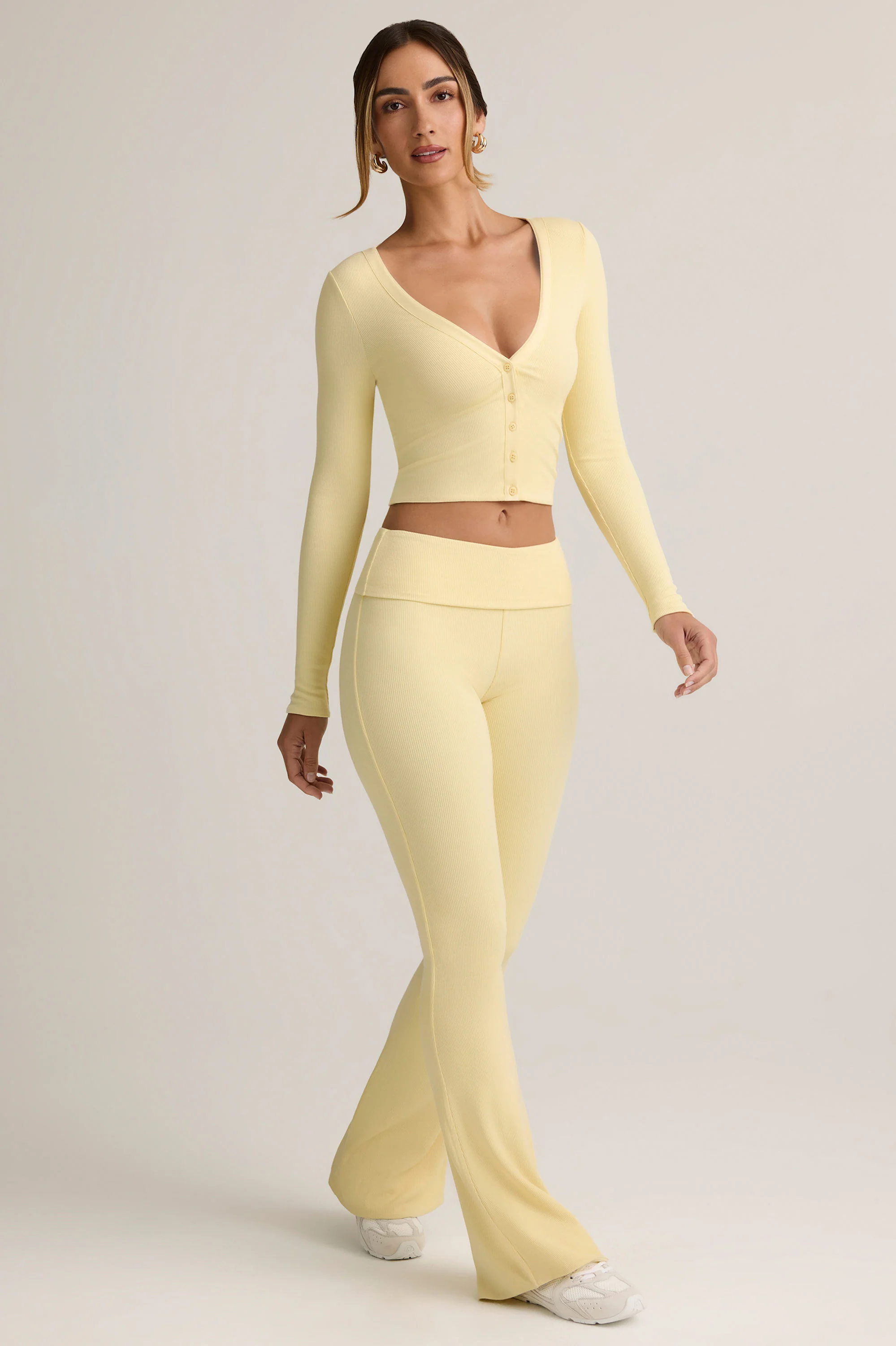 Modal Ribbed Foldover Flared Trousers in Buttercream Yellow - Image 4