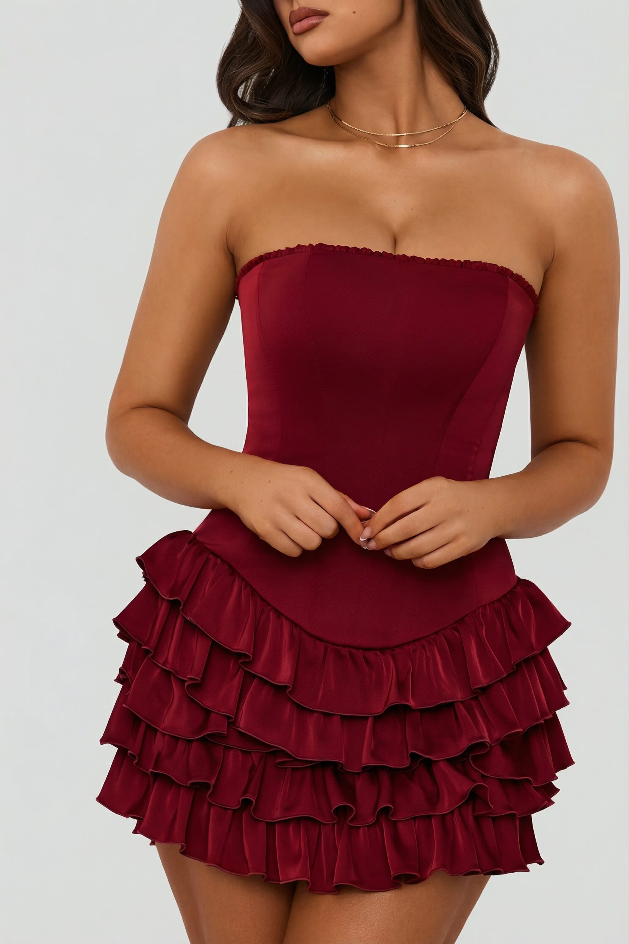 Bandeau Ruffled Tiered Corset Mini Dress in Berry Red - Image 4