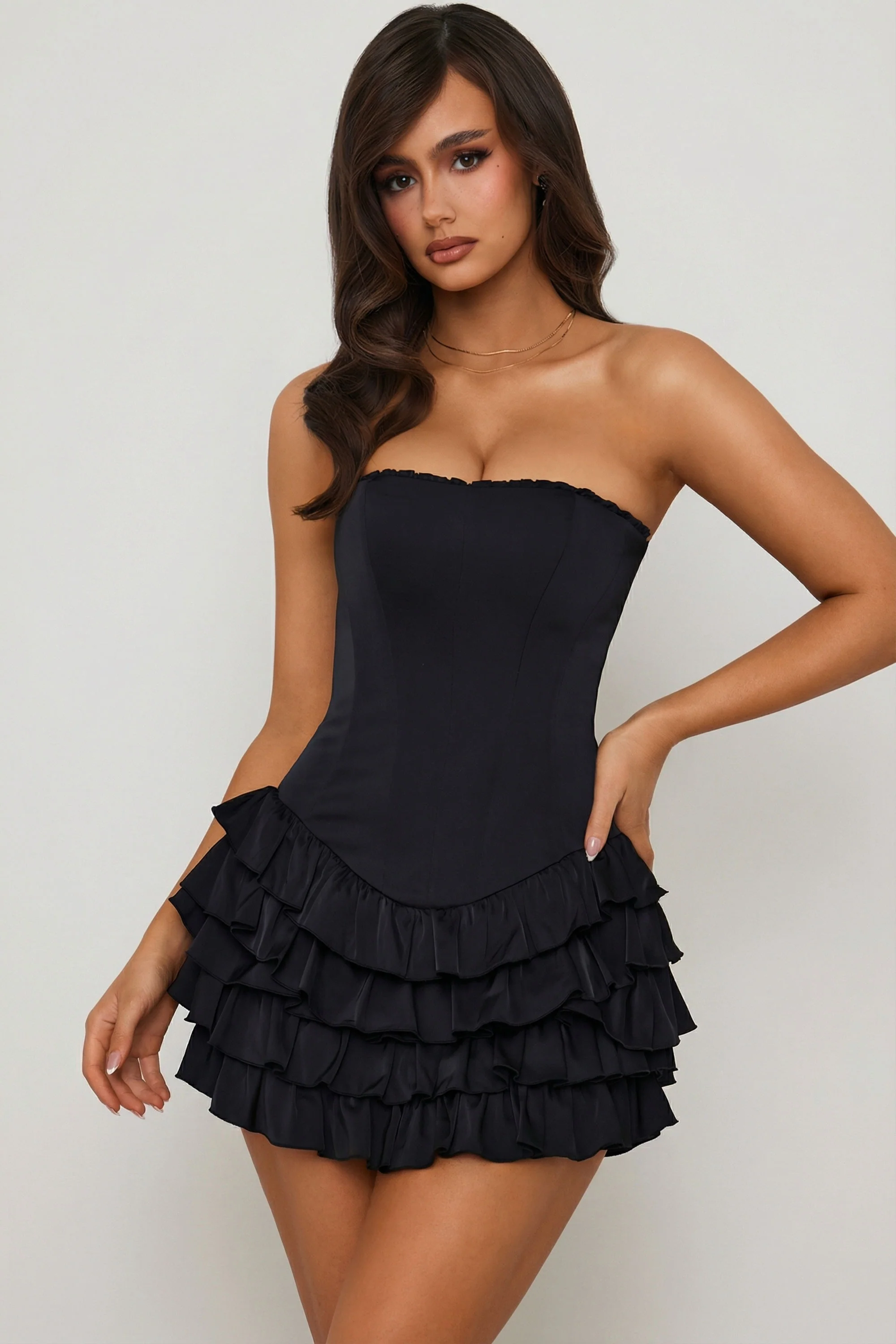 Bandeau Ruffled Tiered Corset Mini Dress in Black - Image 7