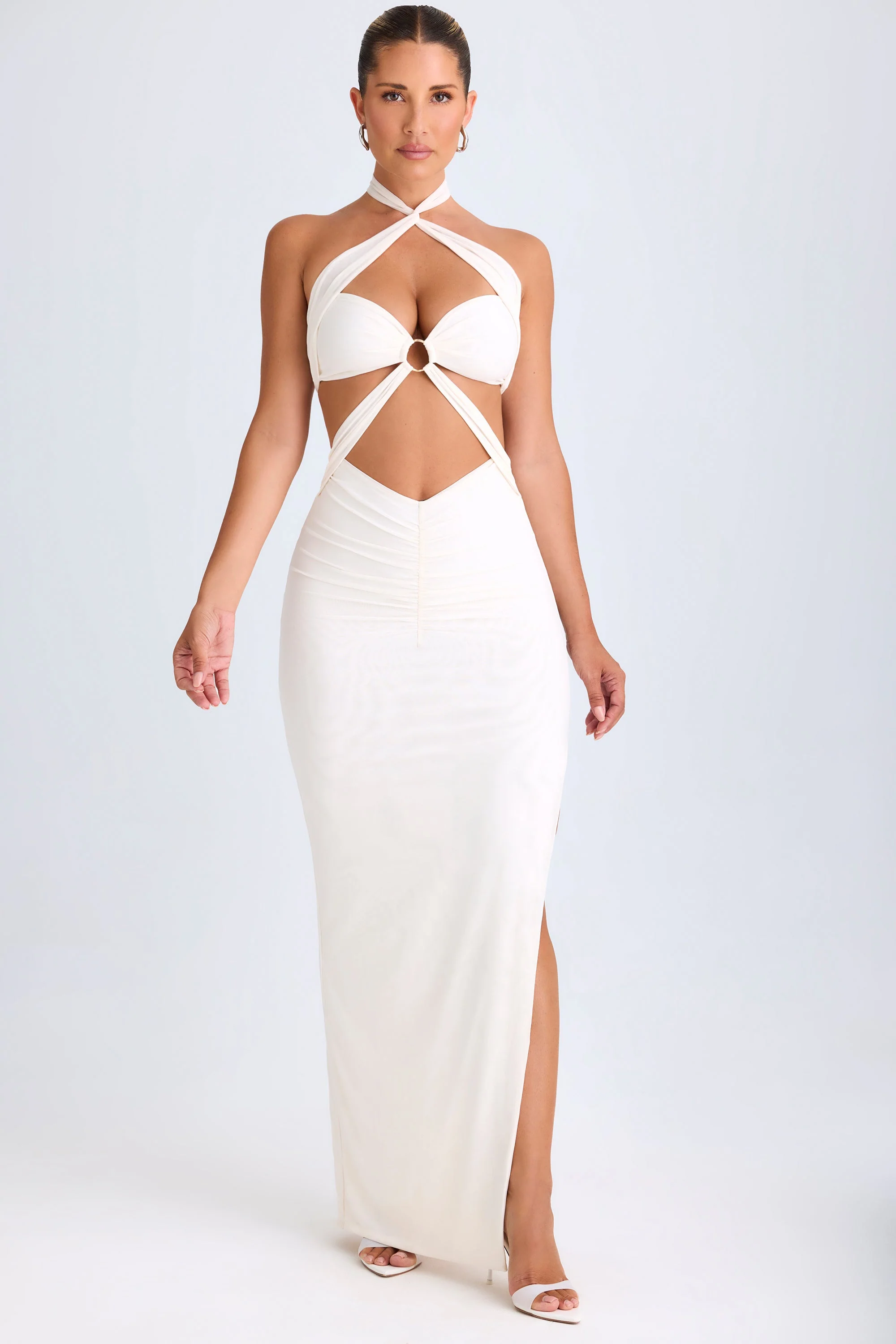 Cut-Out Ruched Halterneck Maxi Dress in White - Image 6