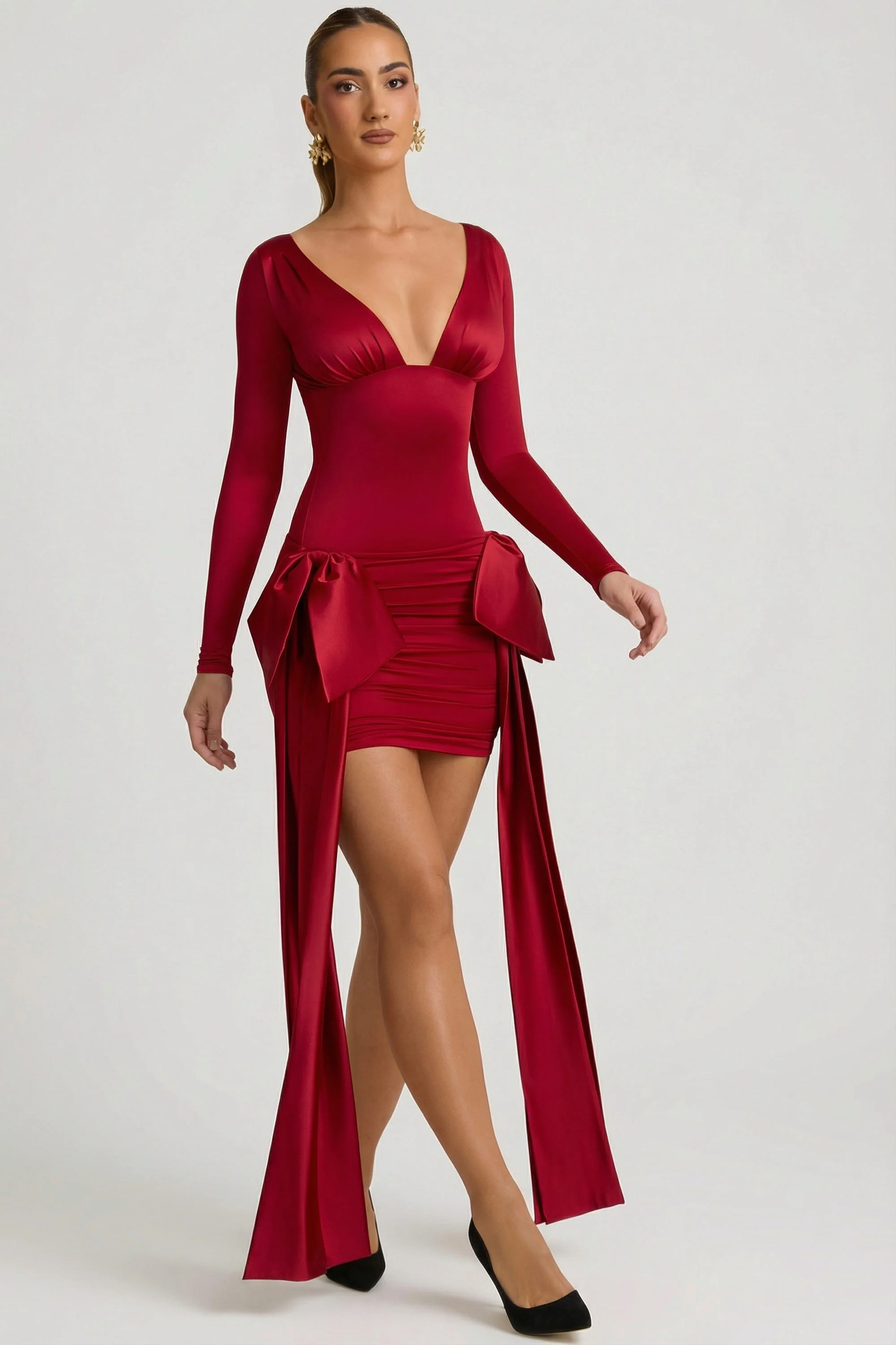 Bow-Detail Ruched Mini Dress in True Red - Image 7