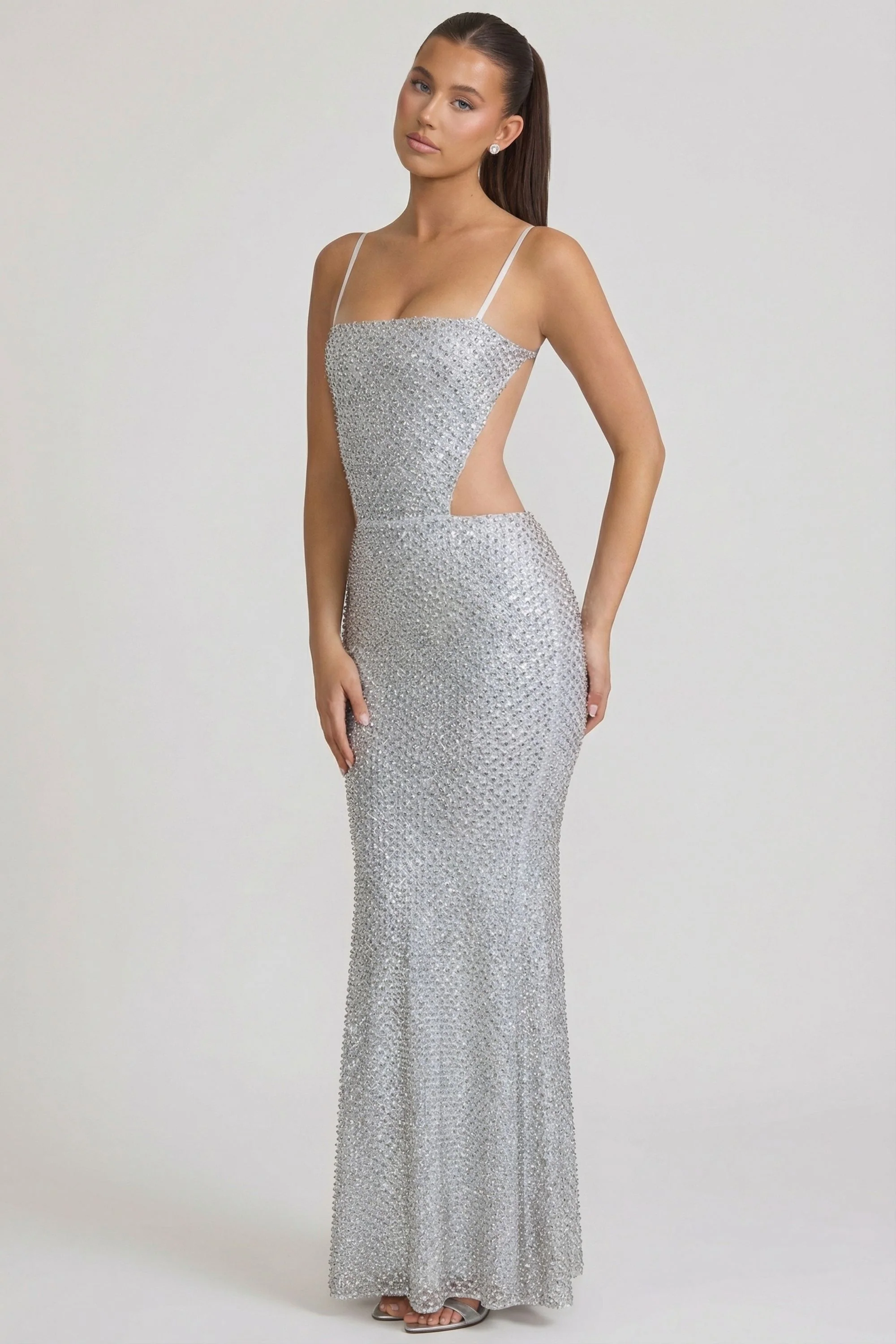 Embellished Cut-Out Gown in Silver - Image 8