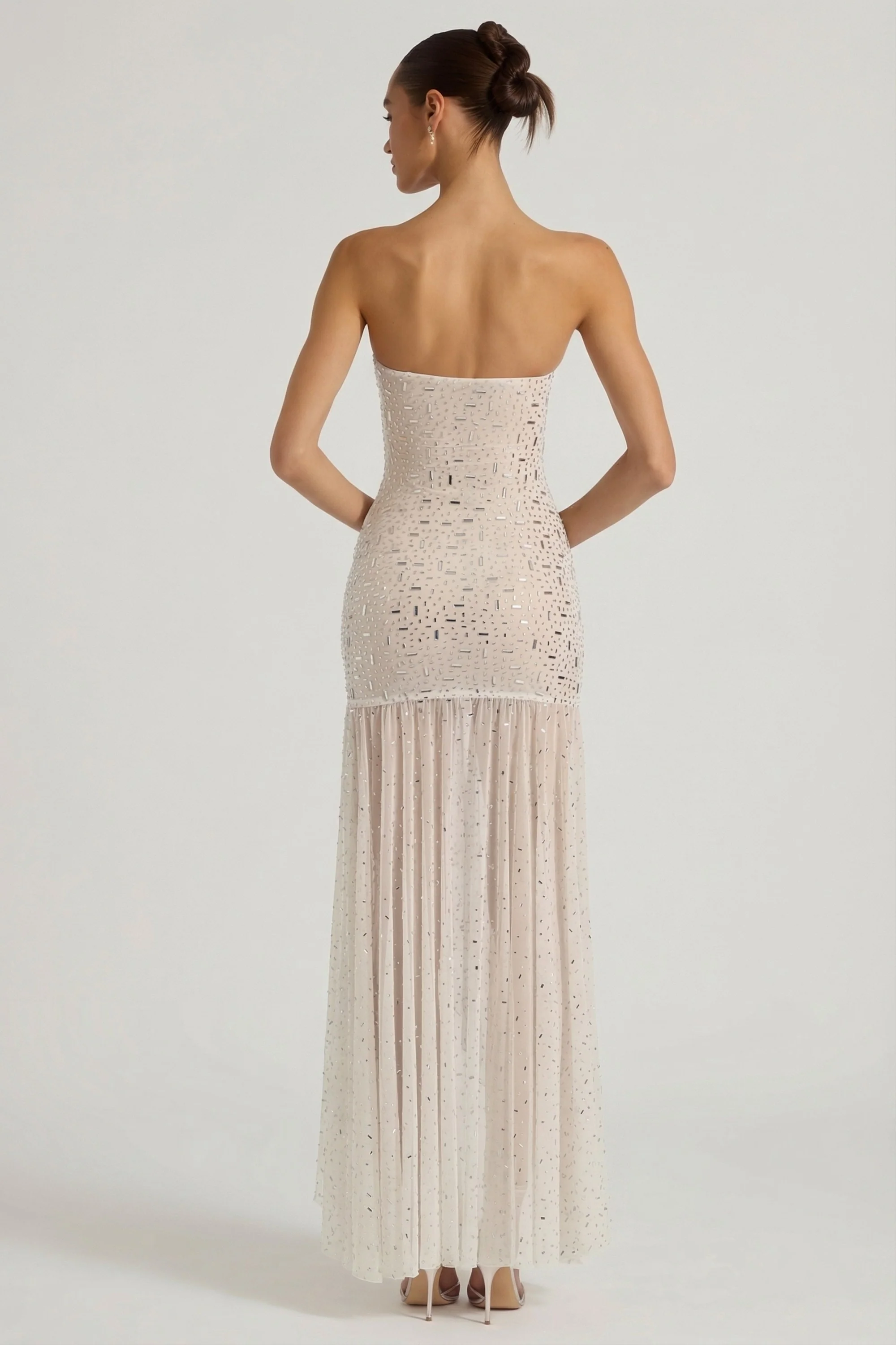 Semi-Sheer Embellished Asymmetric Maxi Dress in White - Image 2