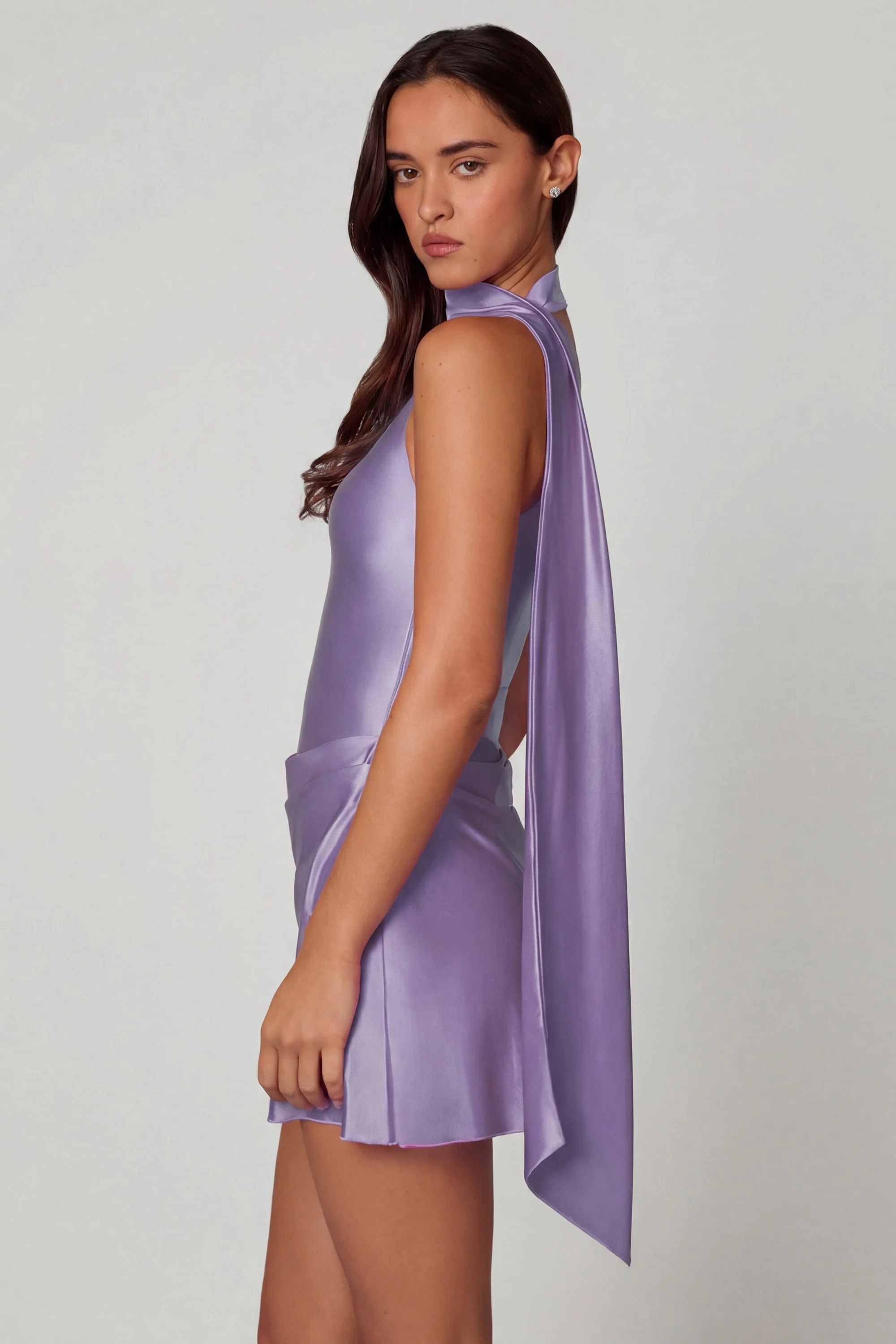Asymmetric Scarf-Detail Mini Dress in Lilac - Image 3