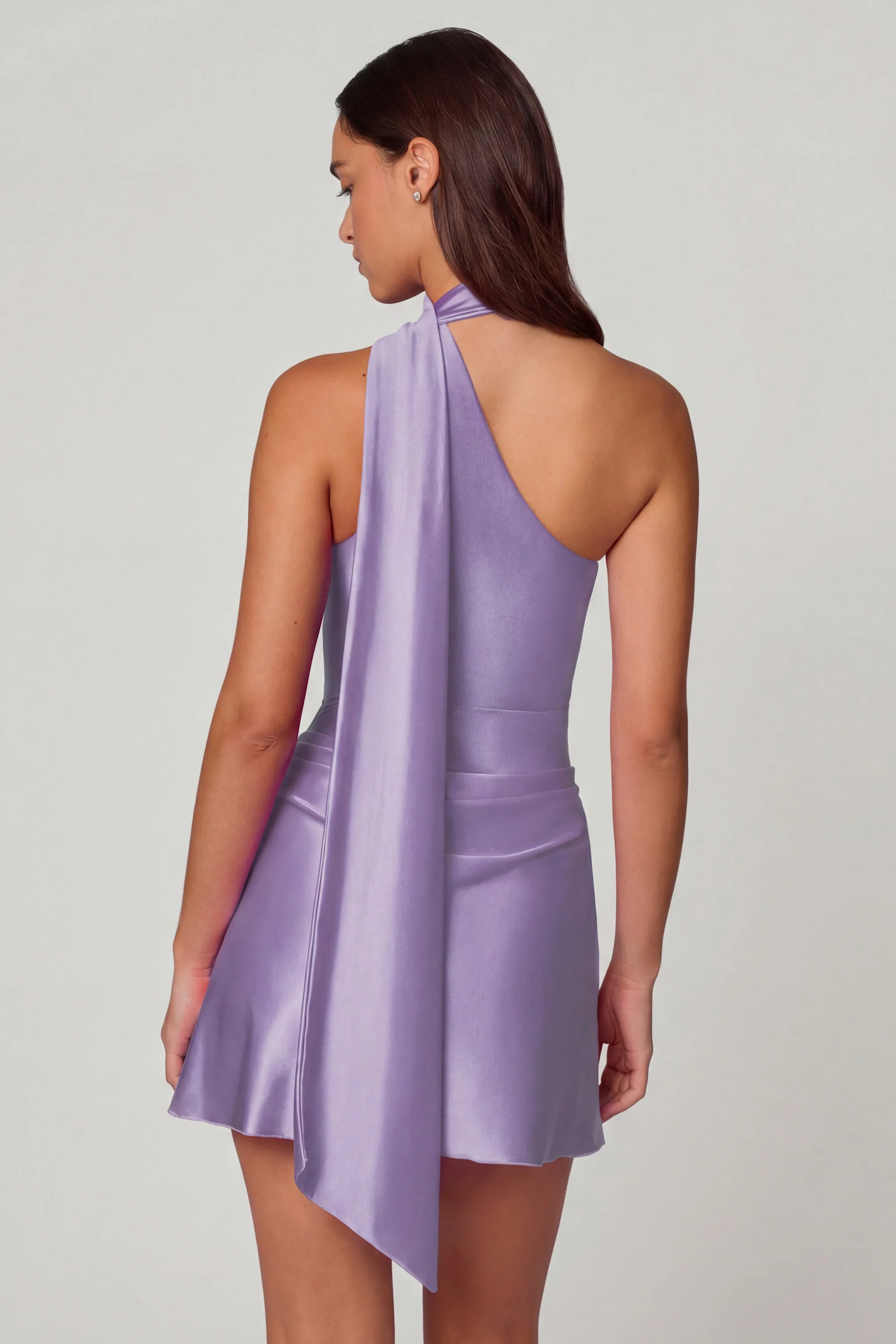 Asymmetric Scarf-Detail Mini Dress in Lilac - Image 5