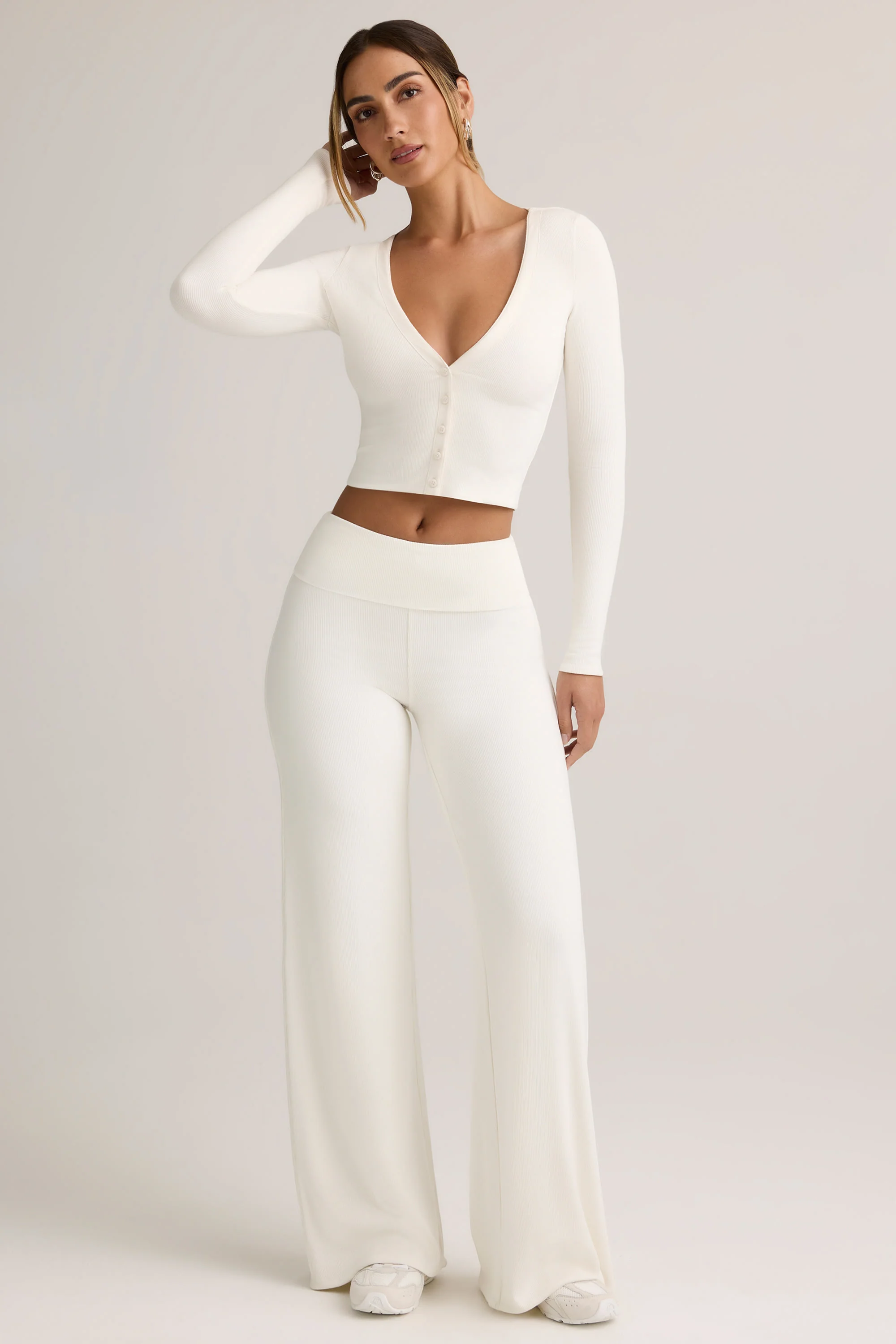 Modal Ribbed Cropped Cardigan in White - Image 5