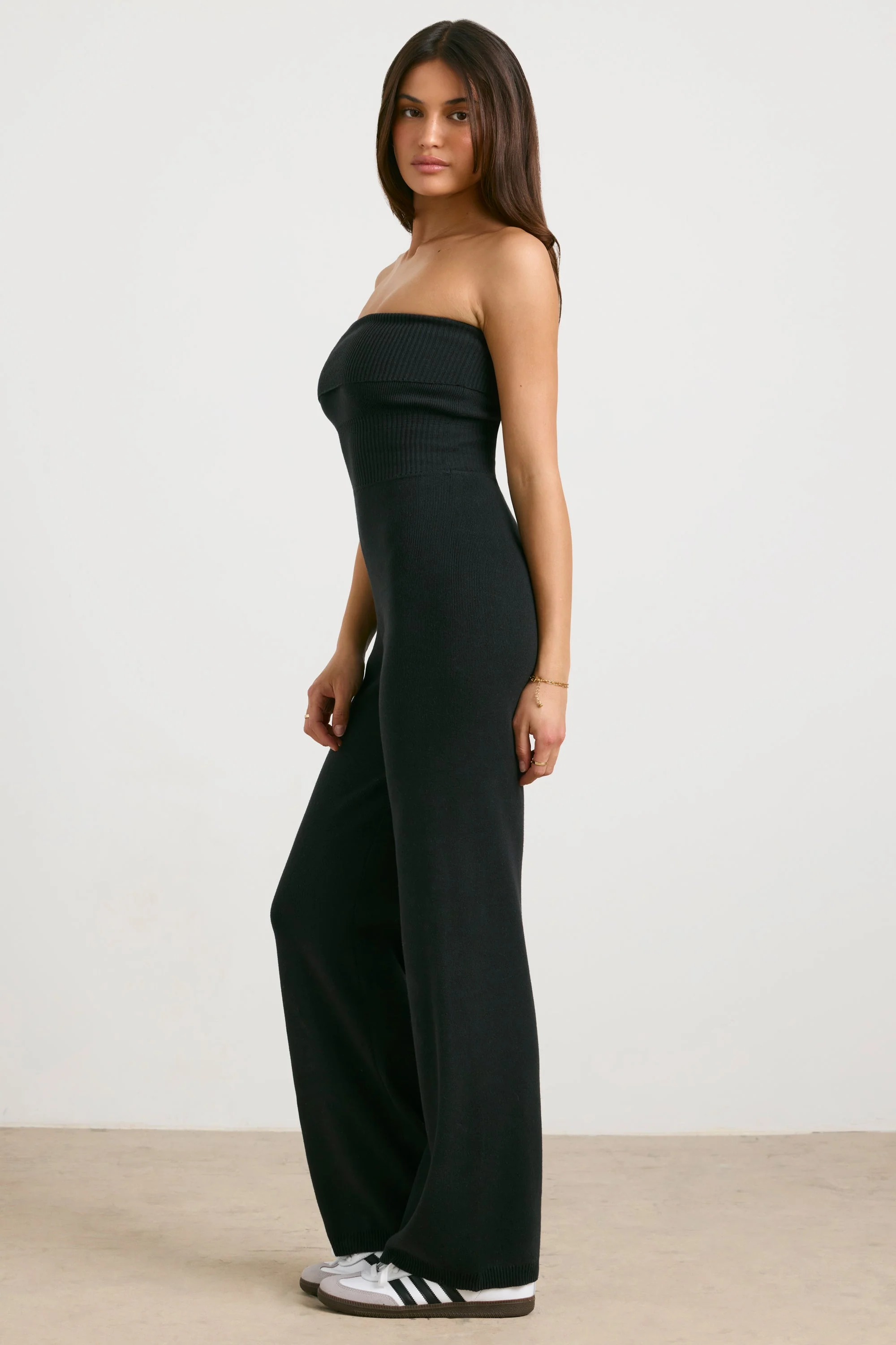 Chunky Knit Bandeau Kick Flare Jumpsuit in Black - Image 3
