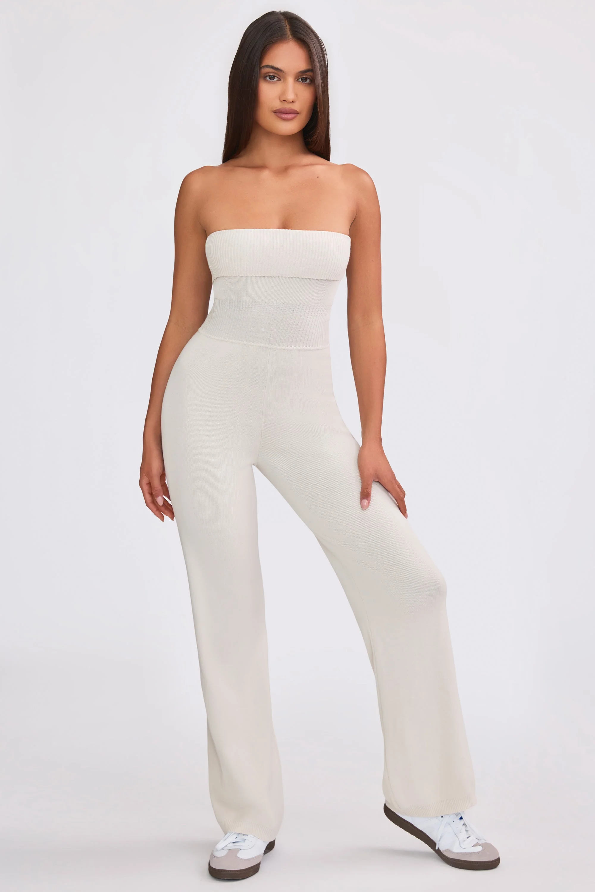 Chunky Knit Bandeau Kick Flare Jumpsuit in Cream - Image 5