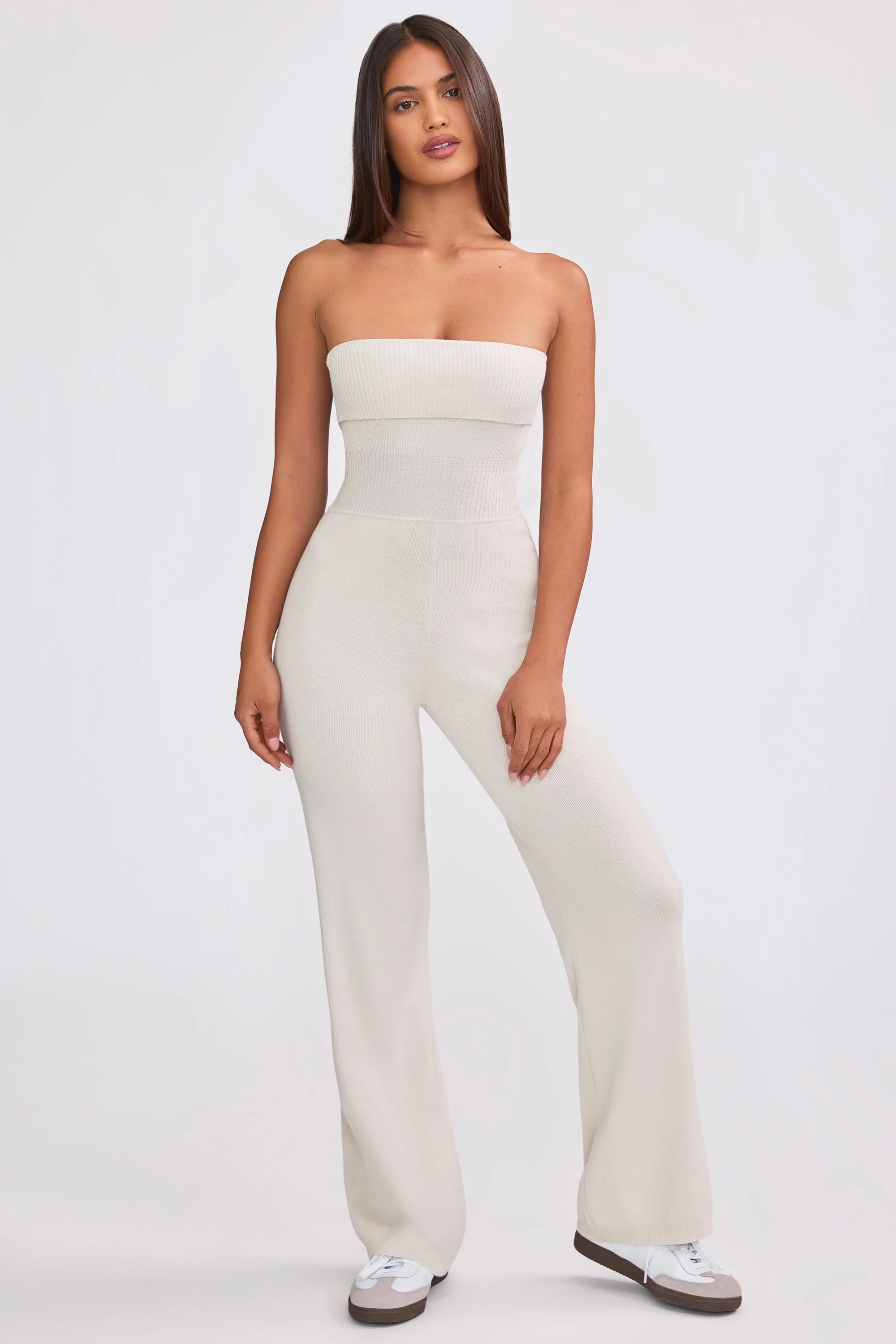 Chunky Knit Bandeau Kick Flare Jumpsuit in Cream - Image 8