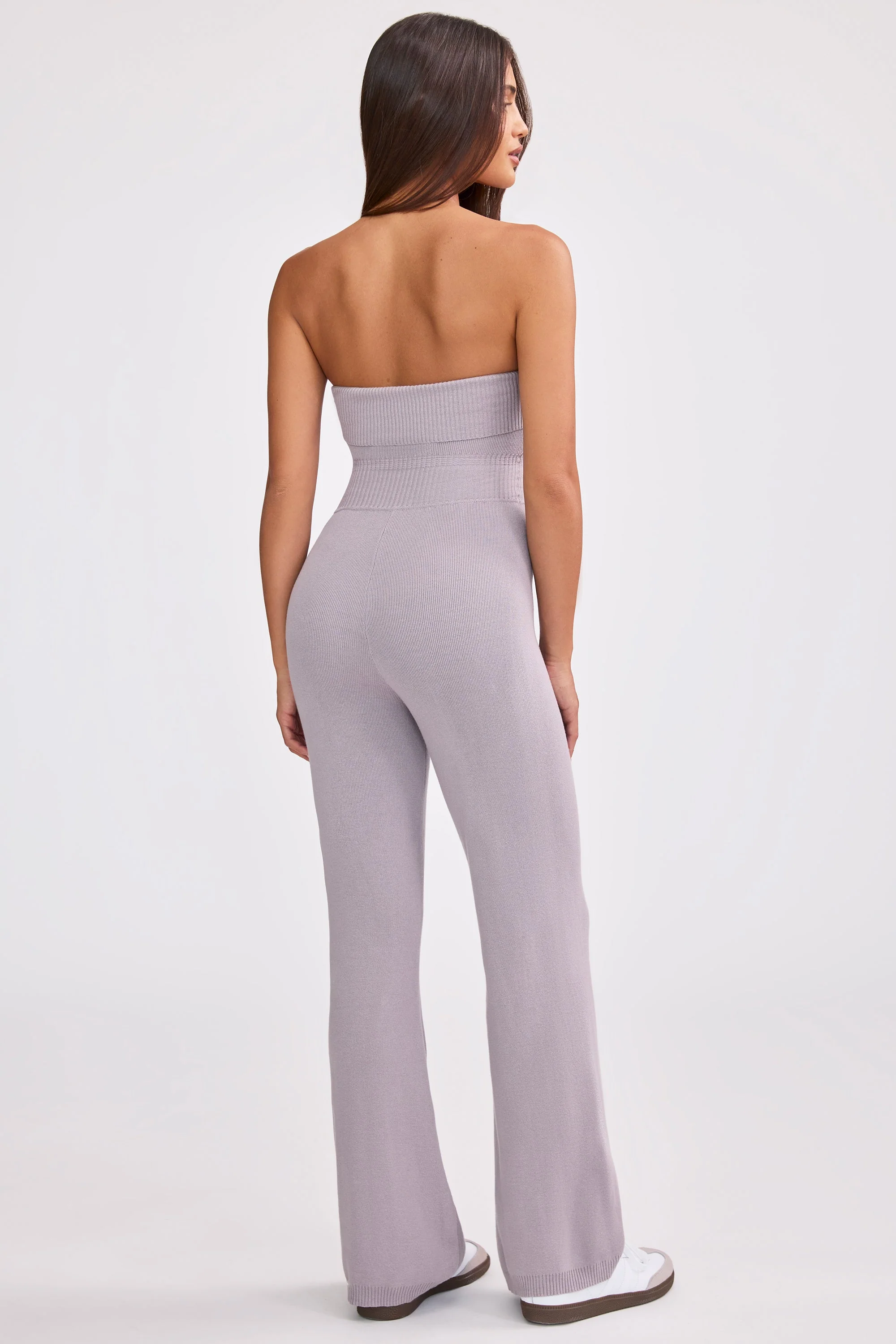 Chunky Knit Bandeau Kick Flare Jumpsuit in Dusty Lavender - Image 2